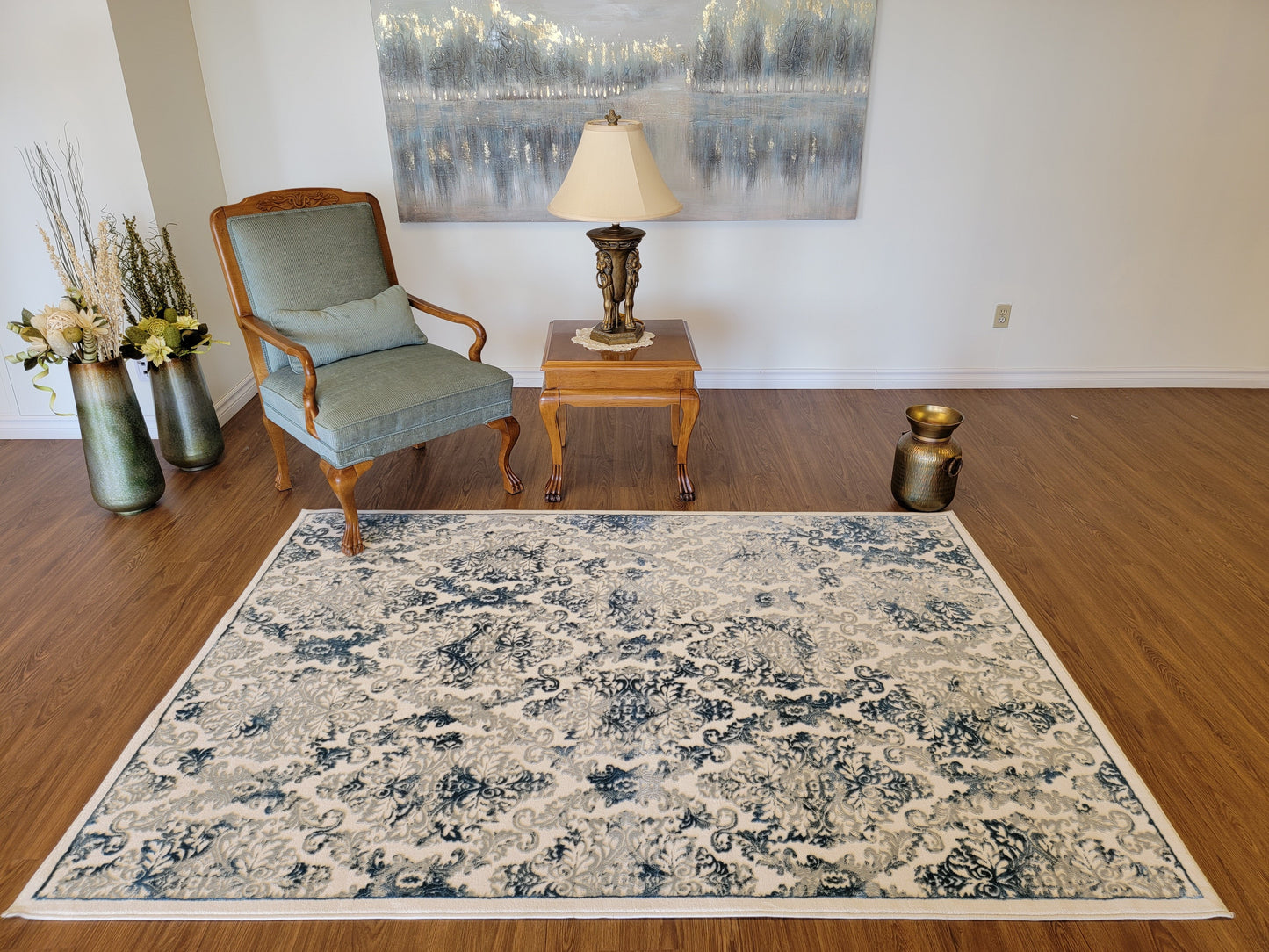 Airmont Damask Area Rug. Eggshell, Off-White, and Navy