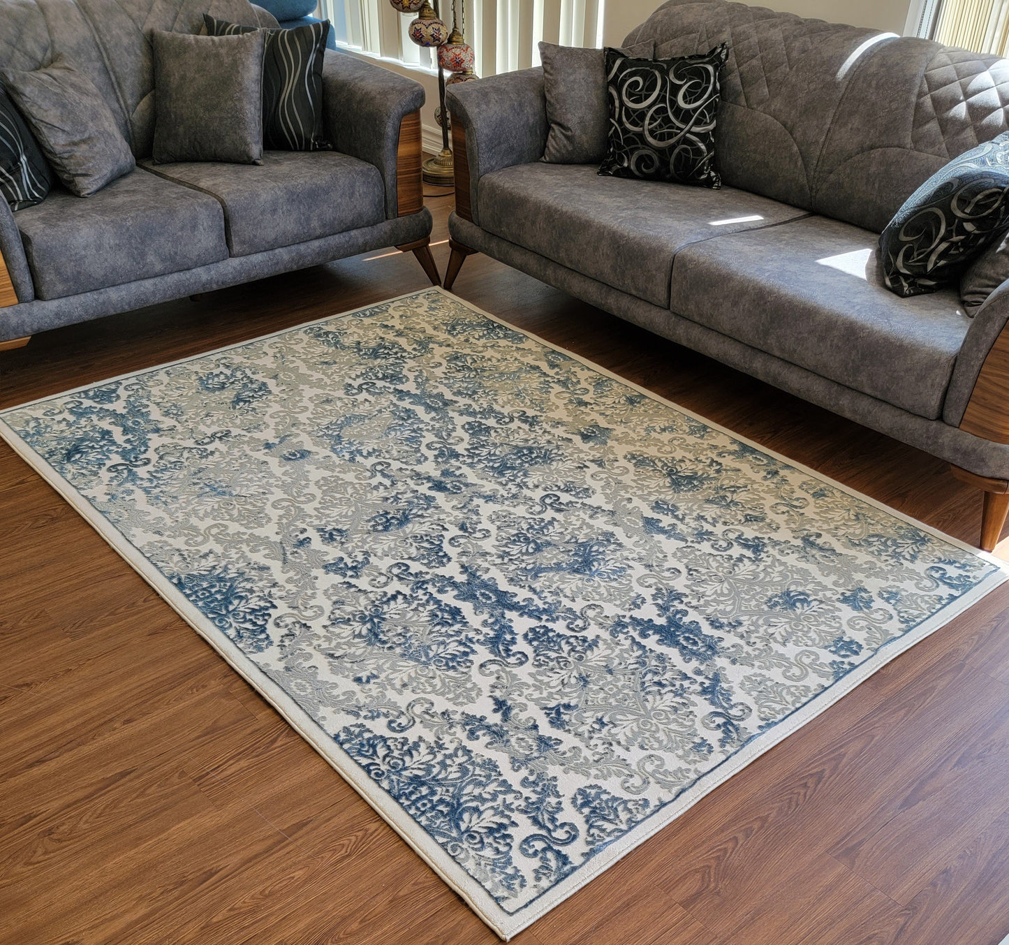 Airmont Damask Area Rug. Eggshell, Off-White, and Navy