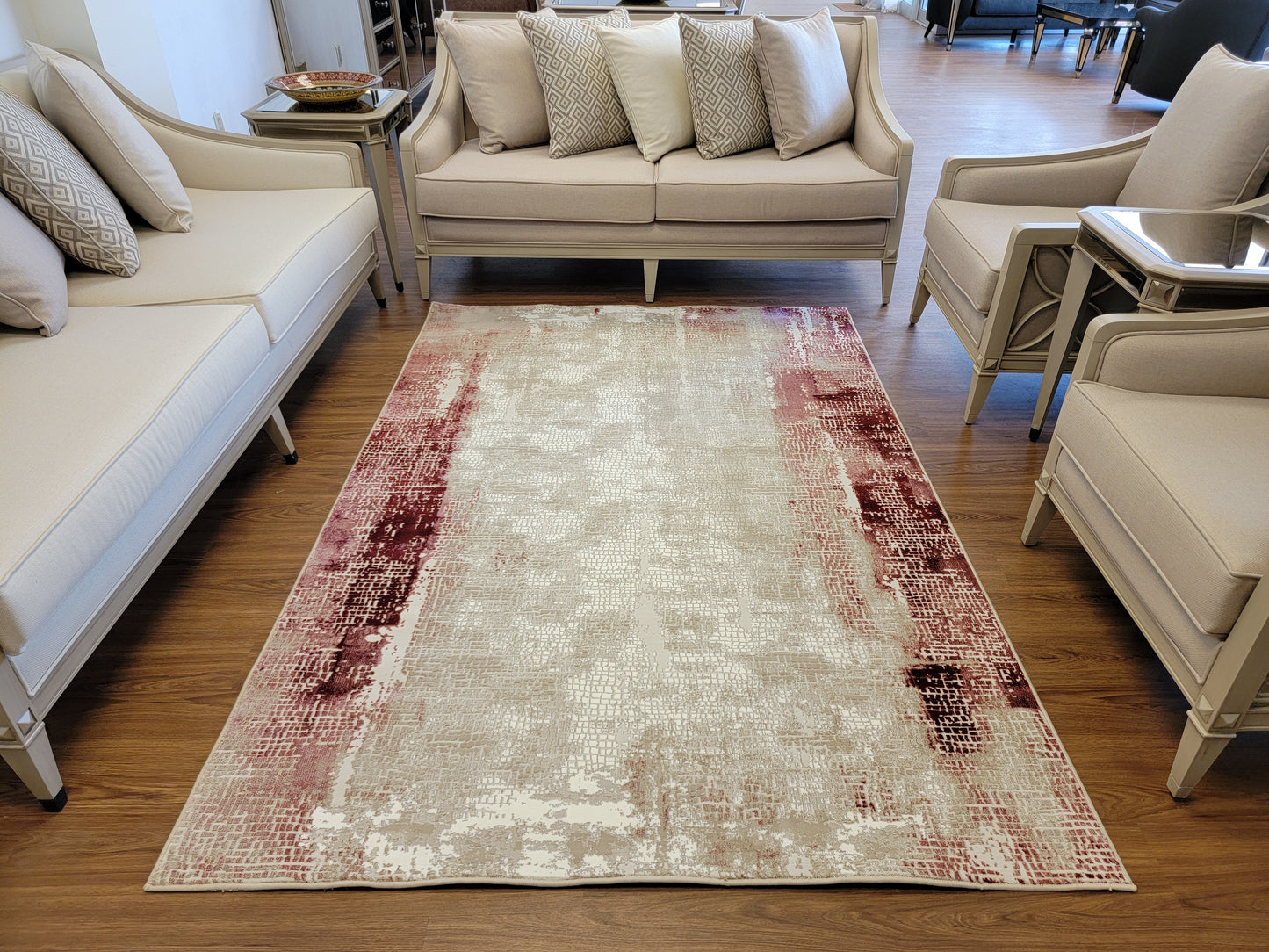 Avangard Abstract Area Rug. White, Beige, and Vinous Red