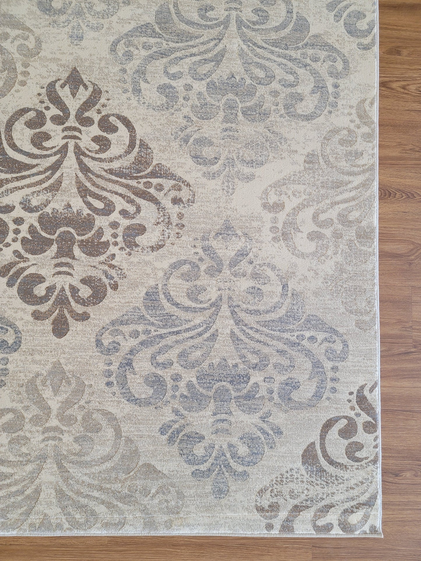 Baguette Damask Area Rug. Beige, Platinum, and Ash Gray