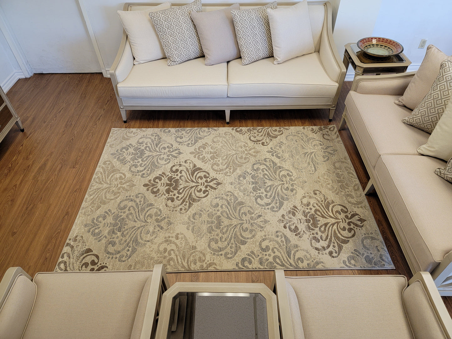 Baguette Damask Area Rug. Beige, Platinum, and Ash Gray