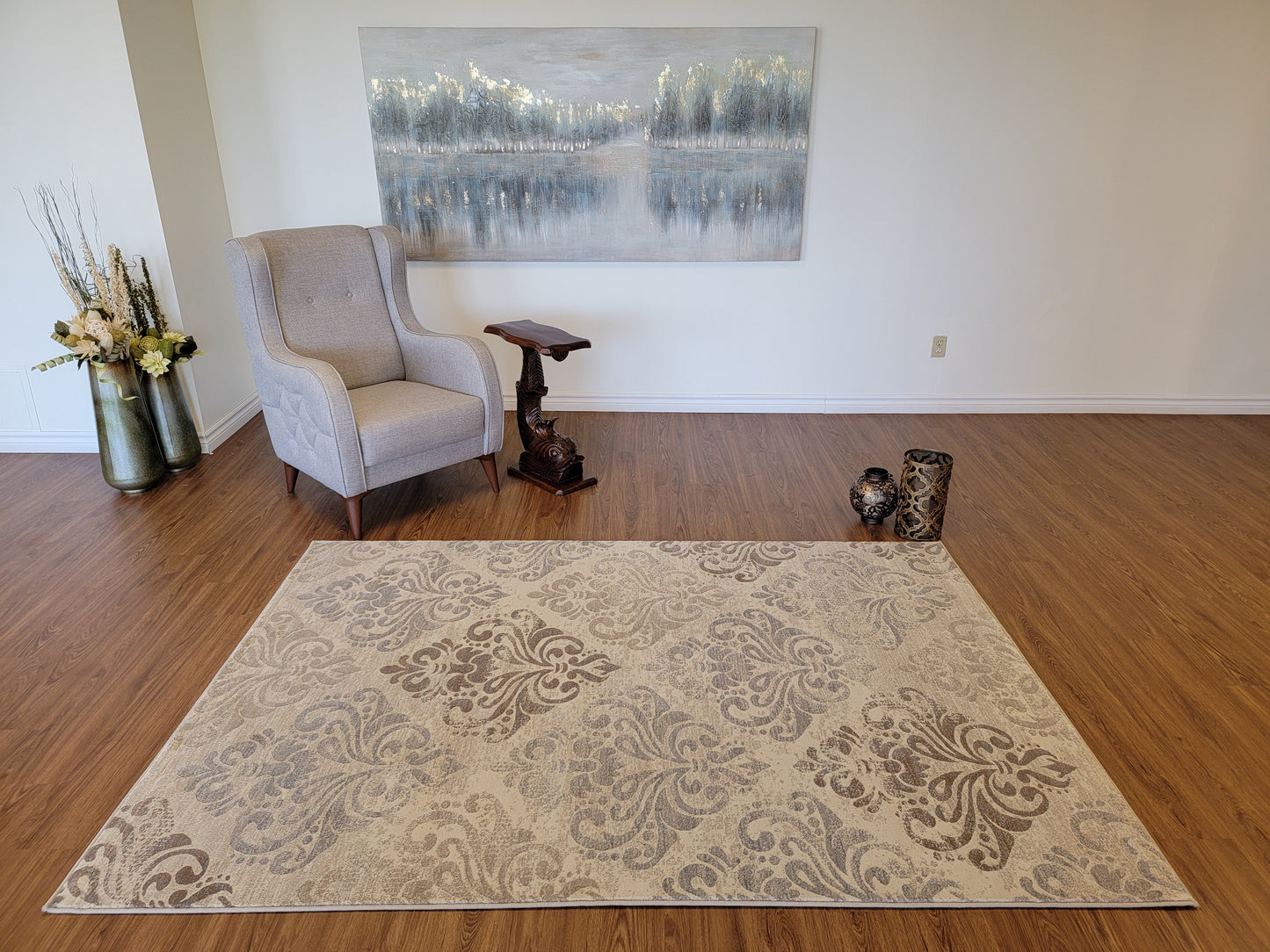Baguette Damask Area Rug. Beige, Platinum, and Ash Gray