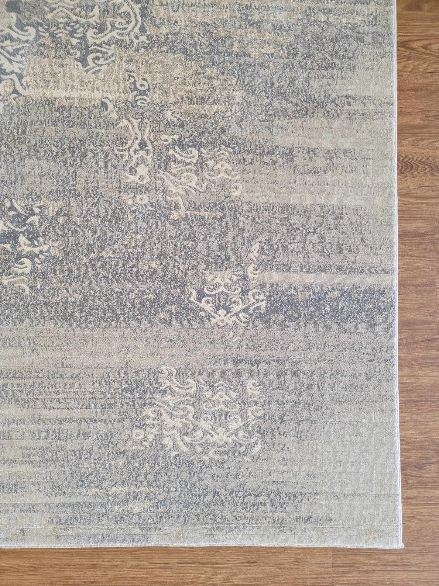 Baguette Modern Traditional Area Rug. Beige, Platinum, and Light Blue