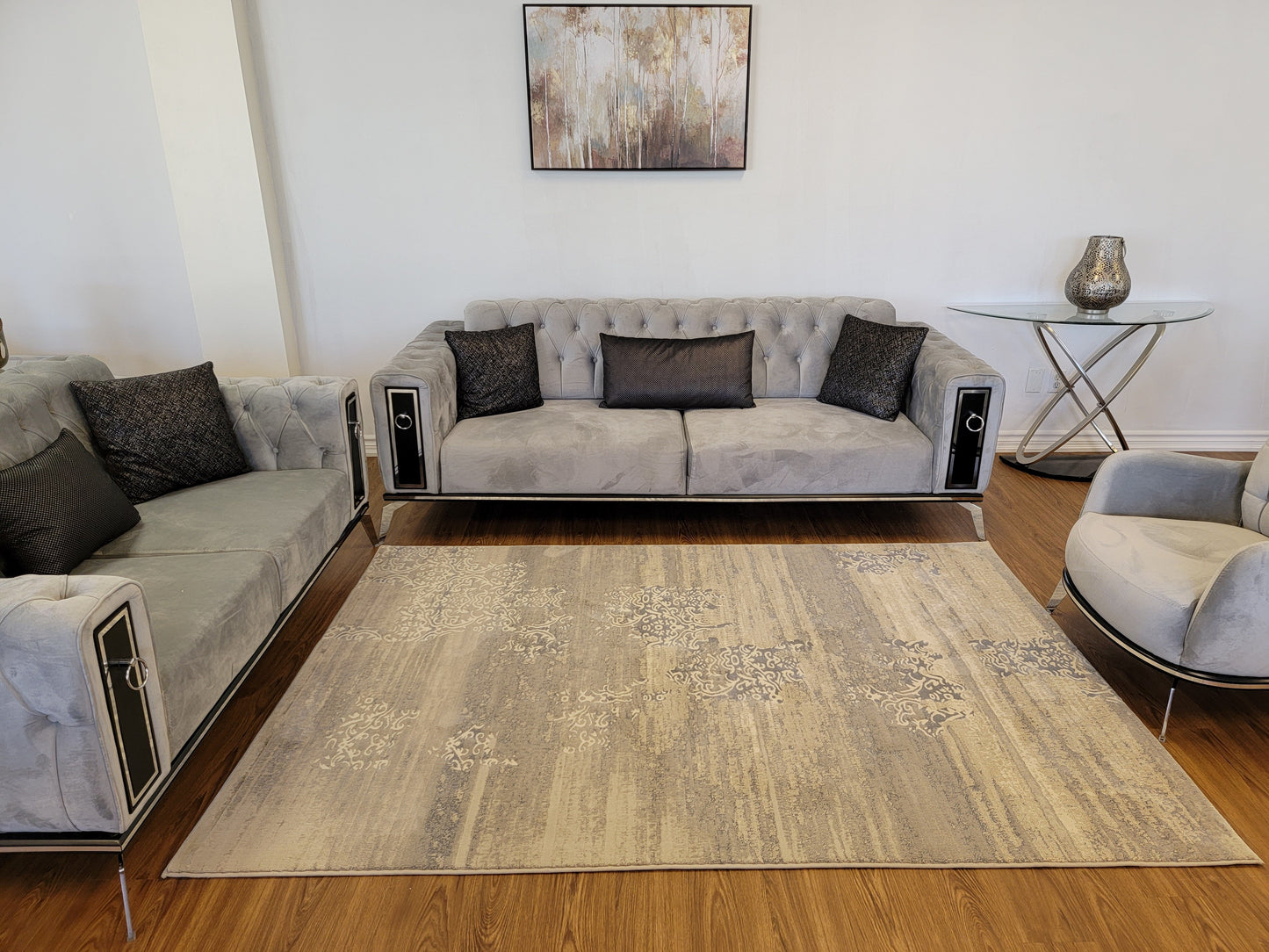 Baguette Modern Traditional Area Rug. Beige, Platinum, and Light Blue