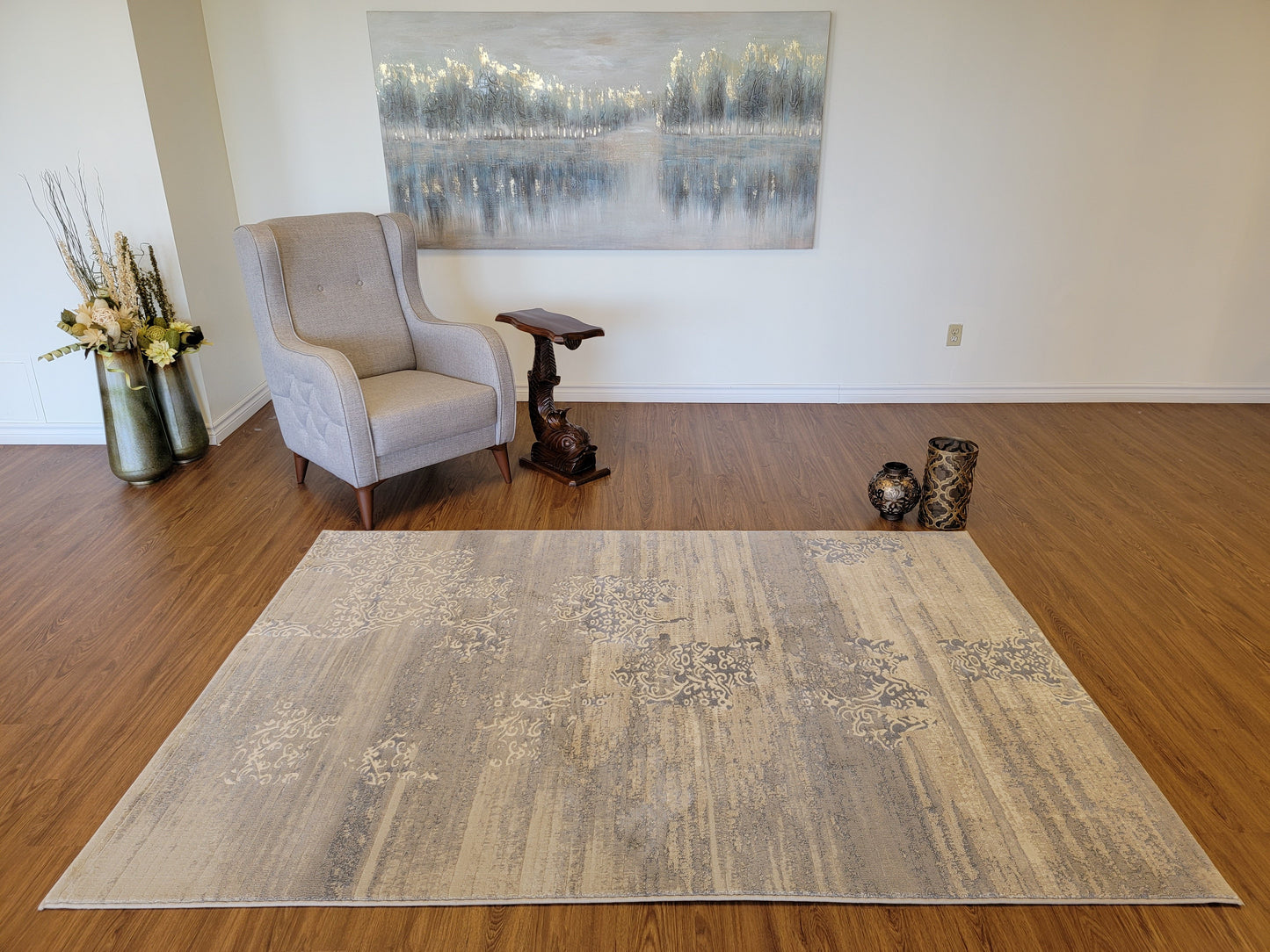 Baguette Modern Traditional Area Rug. Beige, Platinum, and Light Blue