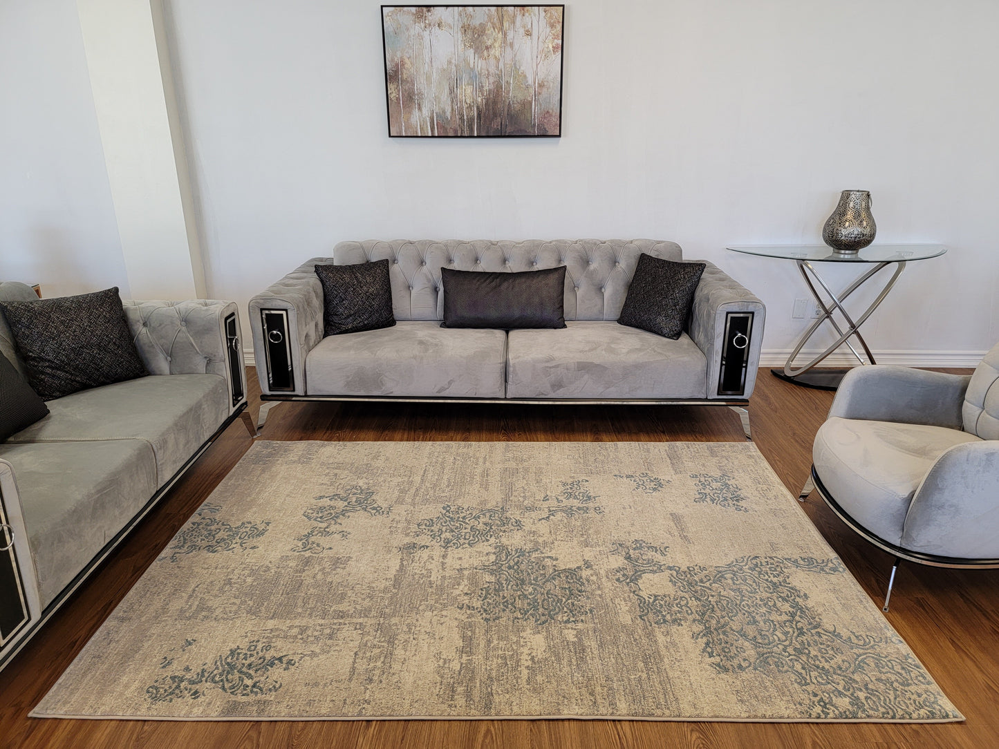 Baguette Modern Traditional Area Rug. Gray and Cobalt Blue