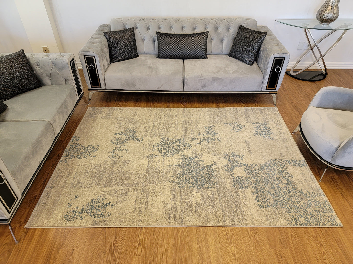 Baguette Modern Traditional Area Rug. Gray and Cobalt Blue