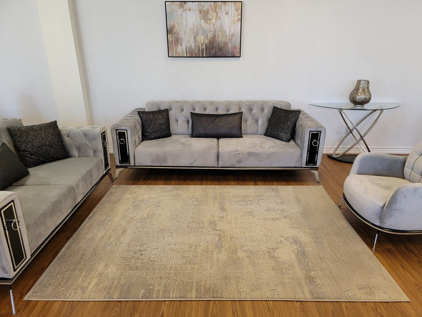 Baguette Modern Traditional Area Rug. Platinum and Light Blue