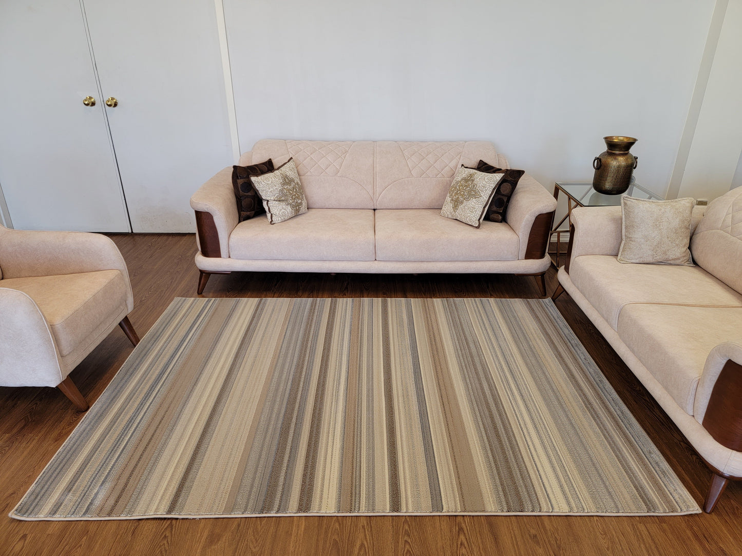 Baguette Striped Area Rug. Beige, Gray, and Light Brown
