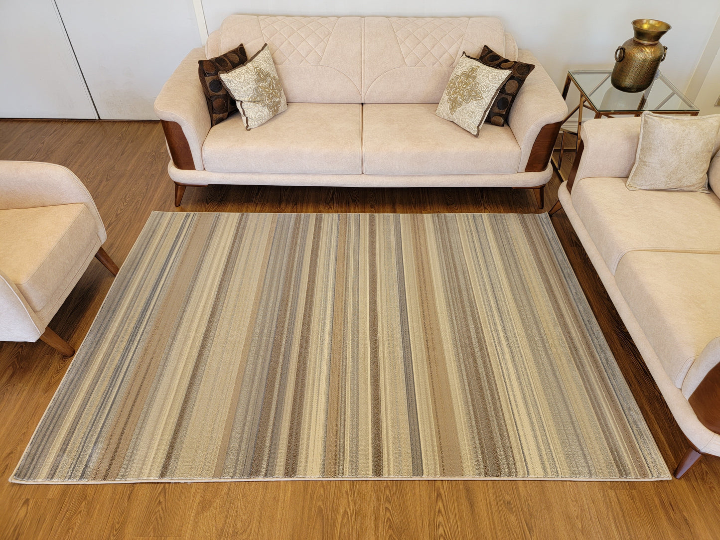 Baguette Striped Area Rug. Beige, Gray, and Light Brown