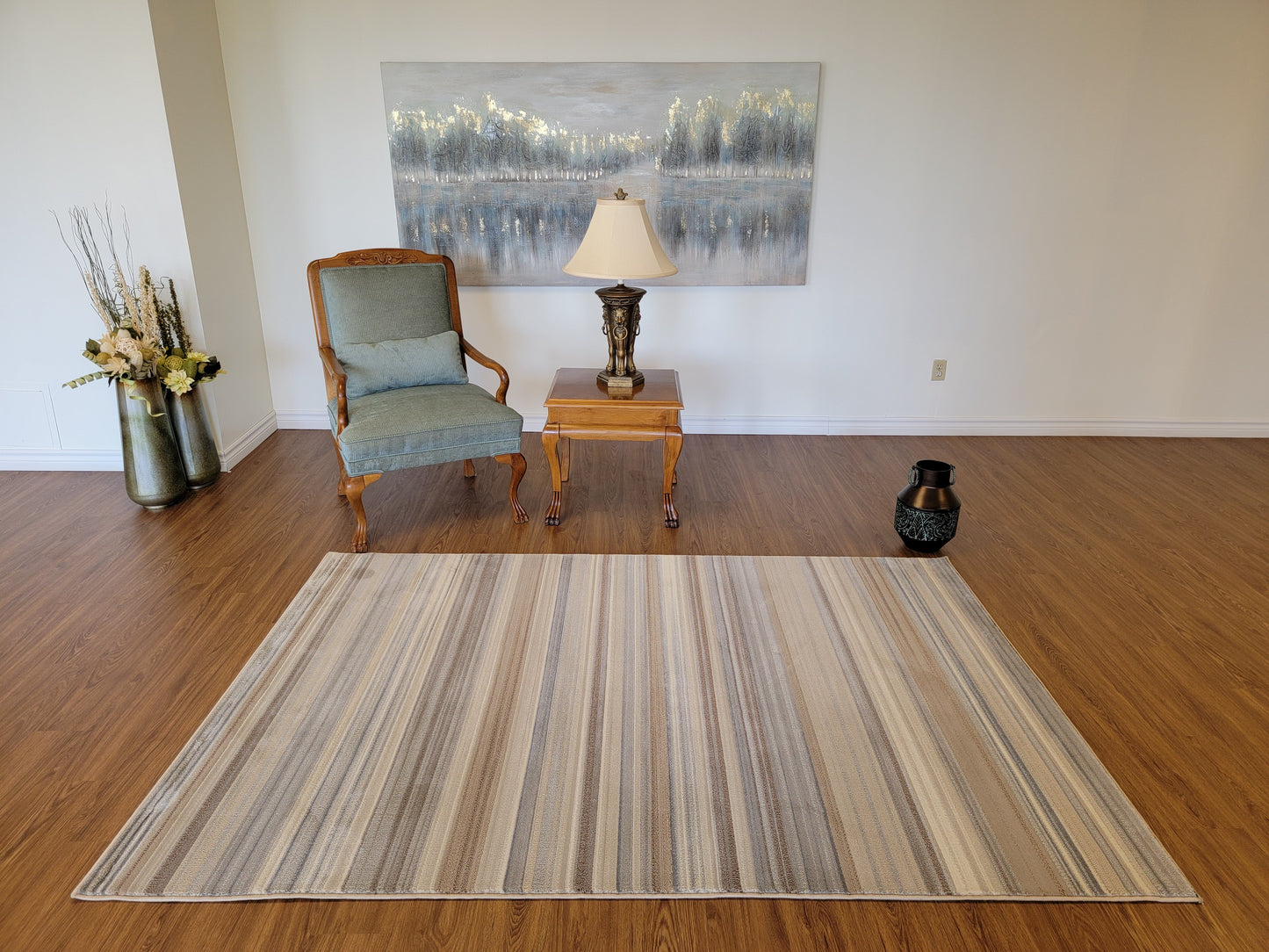 Baguette Striped Area Rug. Beige, Gray, and Light Brown