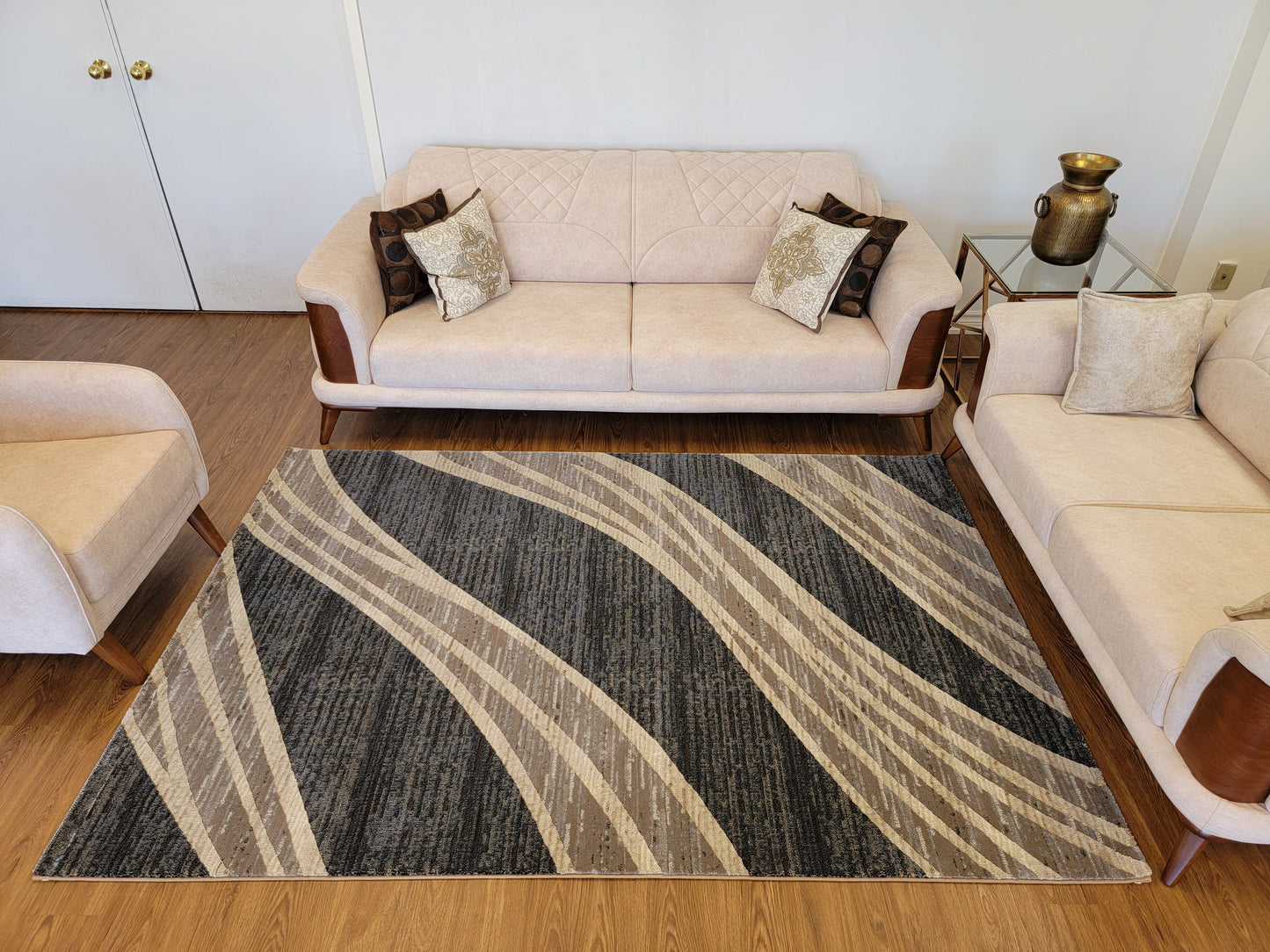 Baguette Abstract Area Rug. Charcoal and Blue with Curved Lines in Beige
