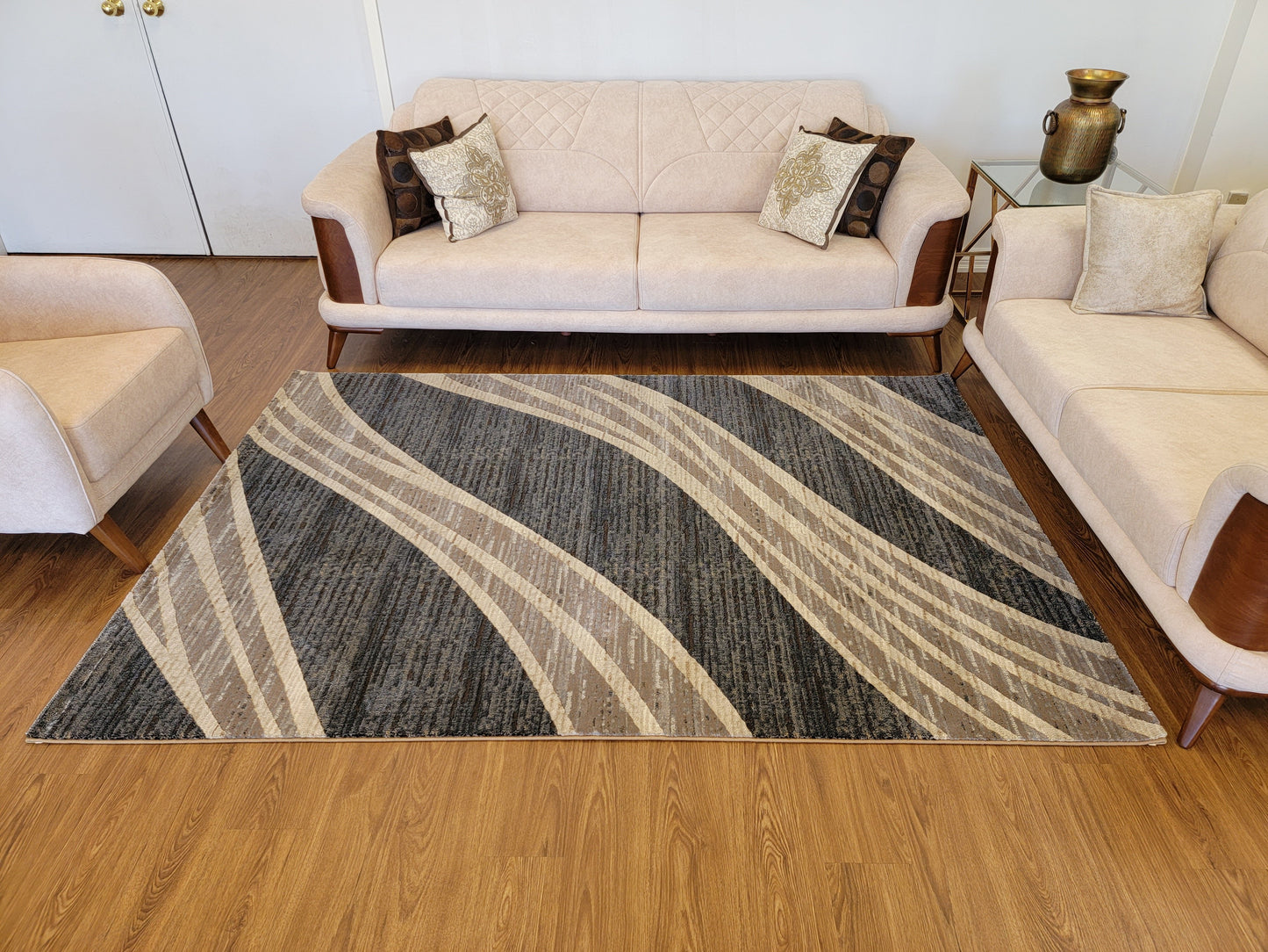 Baguette Abstract Area Rug. Charcoal and Blue with Curved Lines in Beige