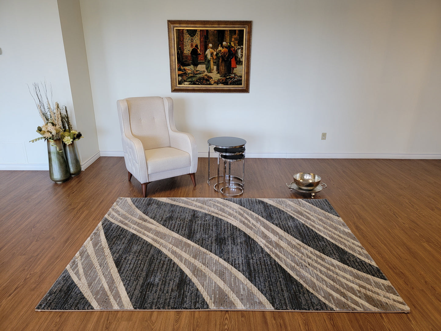 Baguette Abstract Area Rug. Charcoal and Blue with Curved Lines in Beige