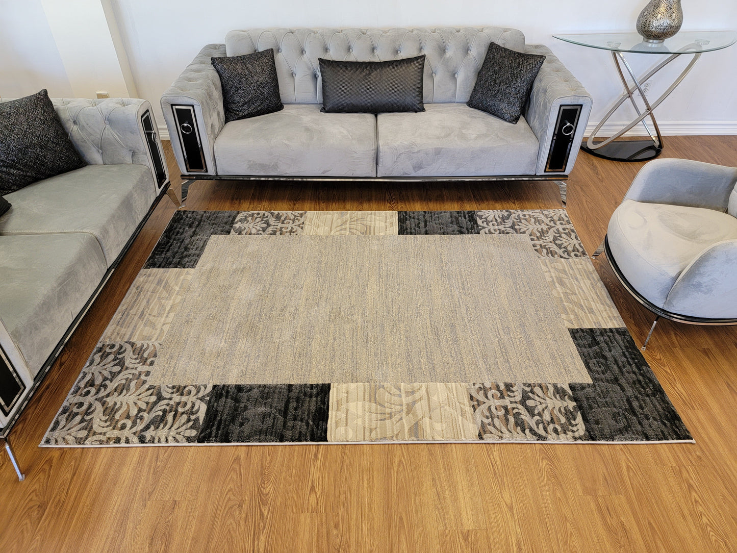 Baguette Geometric Area Rug. Beige, Brown, and Black