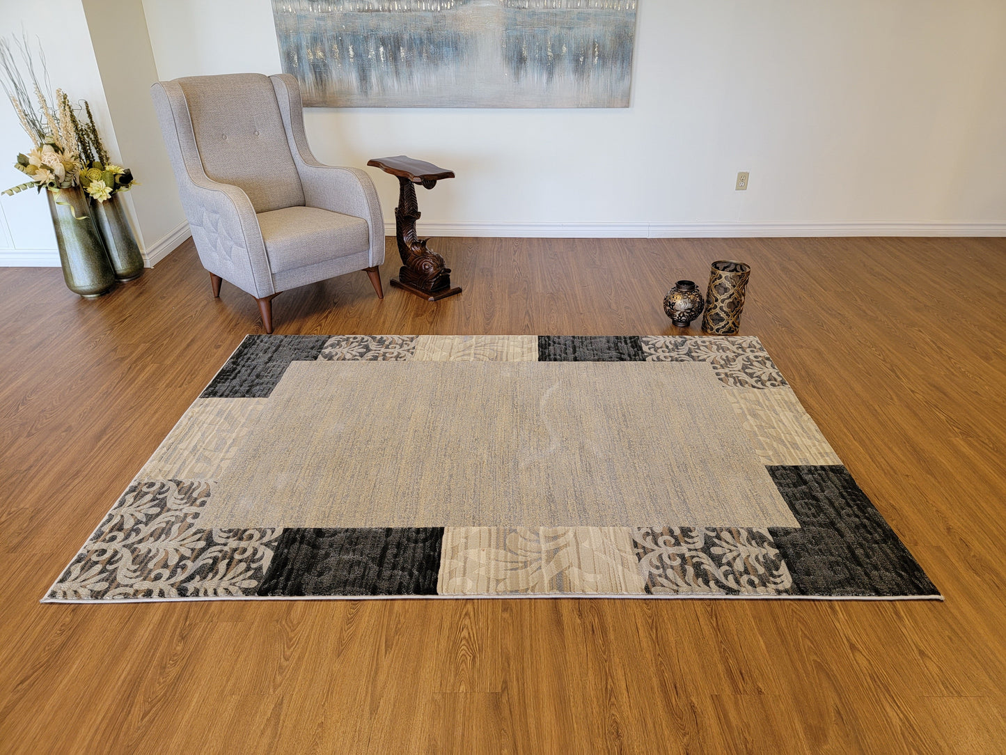 Baguette Geometric Area Rug. Beige, Brown, and Black