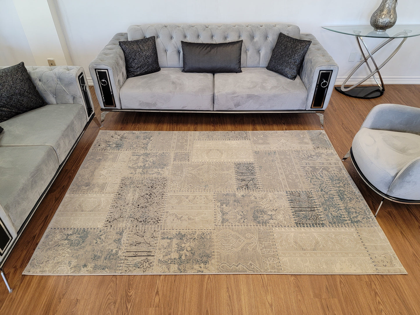 Baguette Modern Traditional Area Rug. Gray and Light Blue