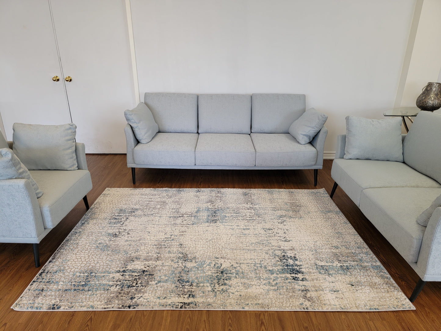 Cozy Abstract Area Rug. Cream, Gray, and Blue