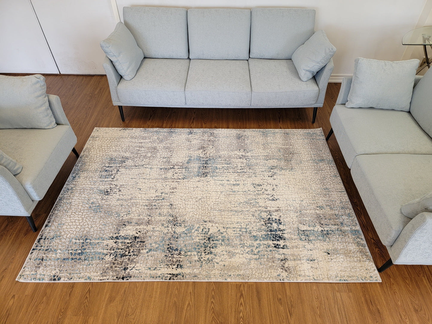 Cozy Abstract Area Rug. Cream, Gray, and Blue