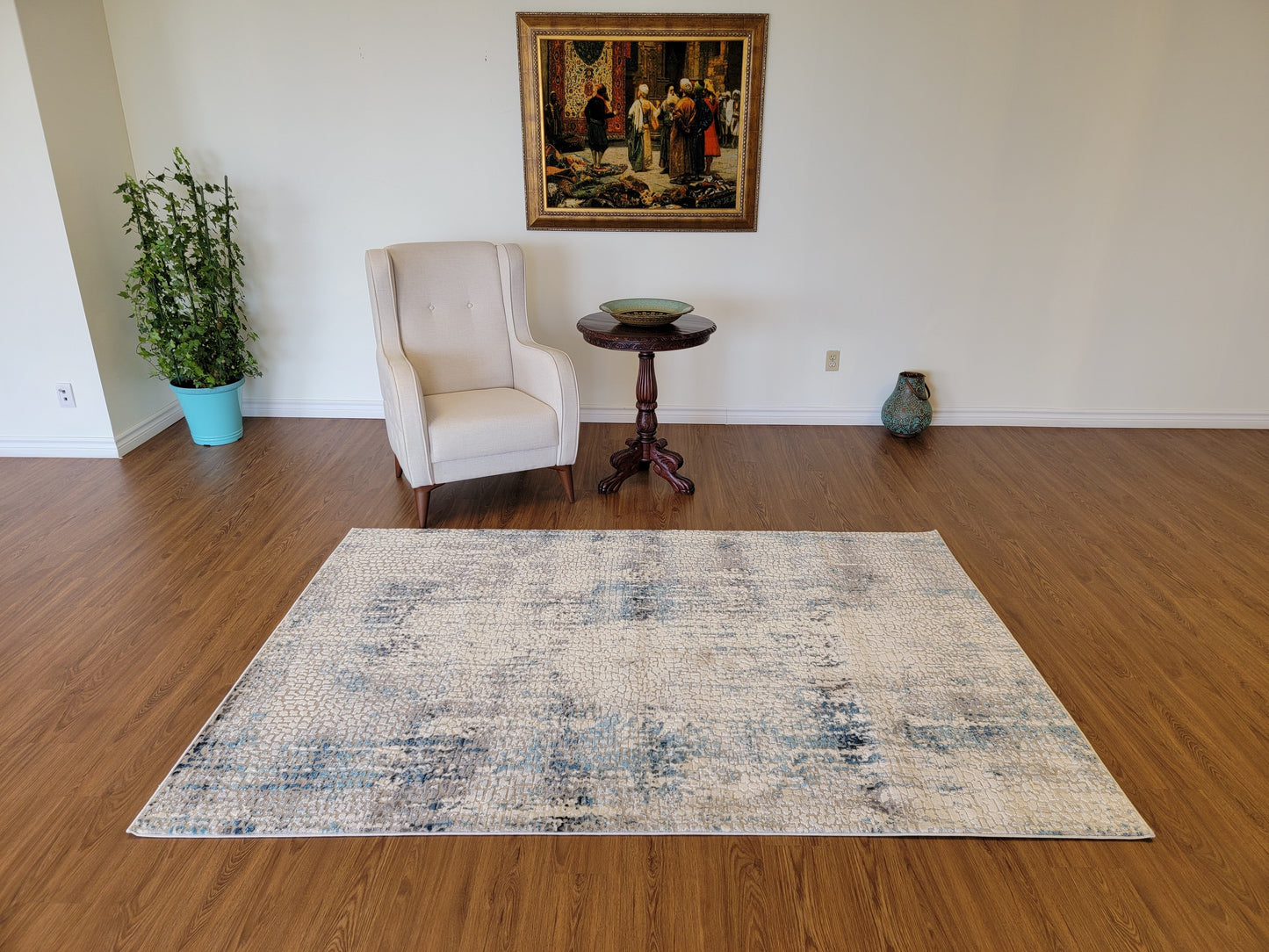 Cozy Abstract Area Rug. Cream, Gray, and Blue