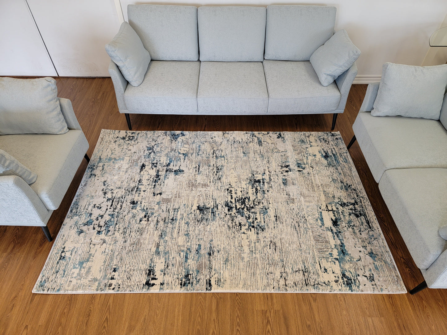 Cozy Abstract Area Rug. White, Gray, and Navy Blue