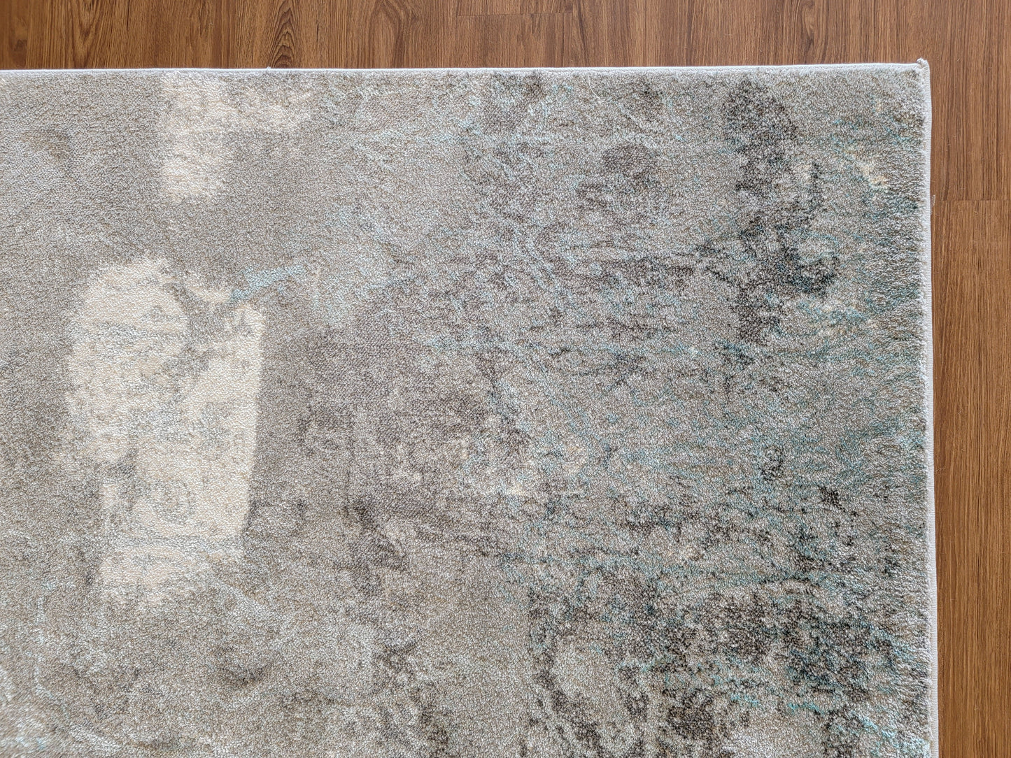 Despina Damask Area Rug. Ash Gray, Coral Blue, and White