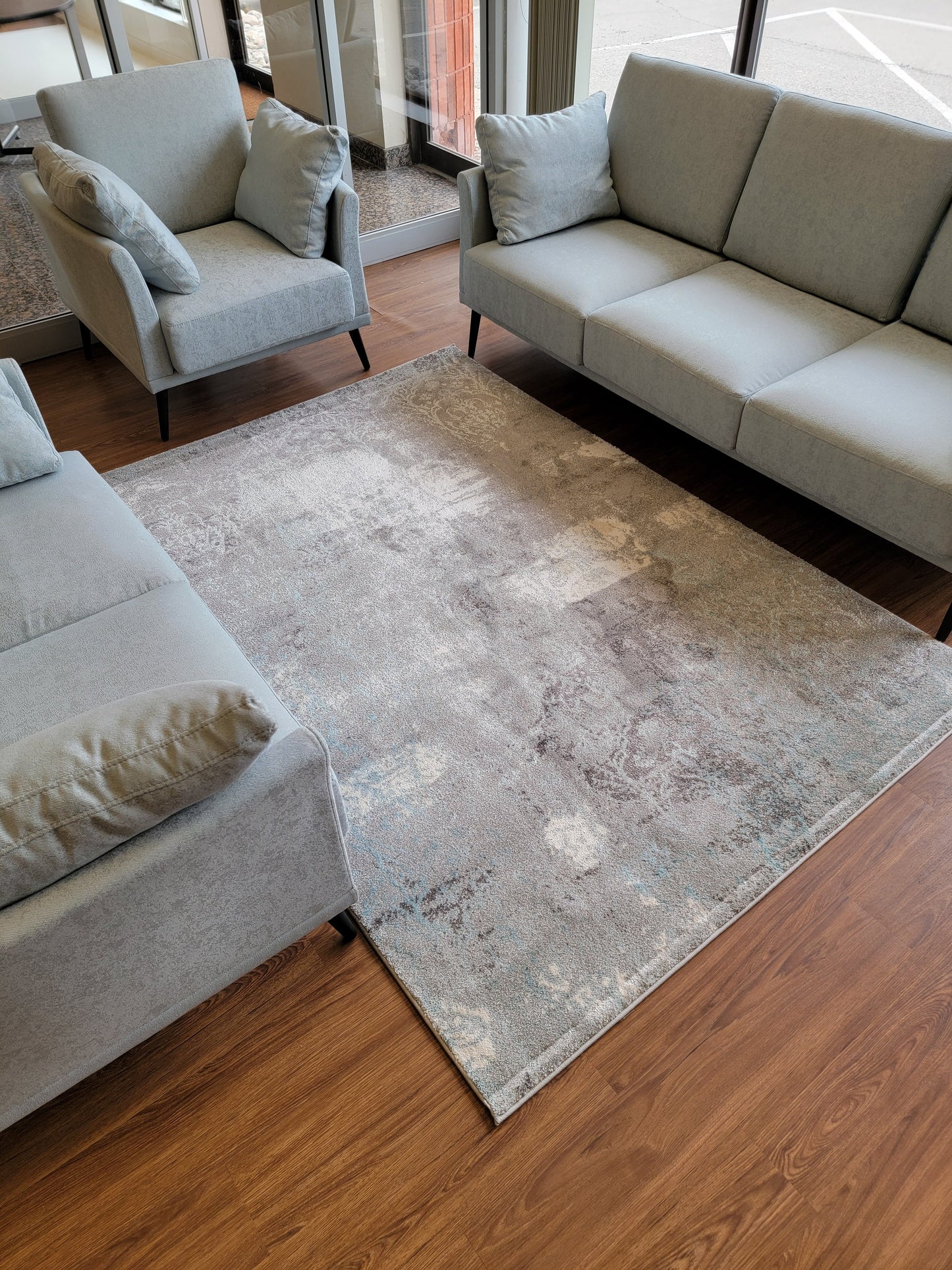 Despina Damask Area Rug. Ash Gray, Coral Blue, and White