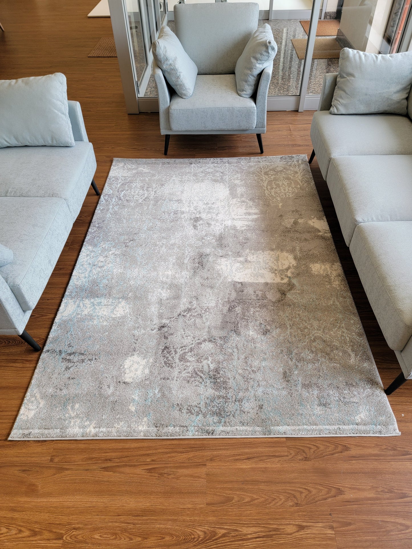 Despina Damask Area Rug. Ash Gray, Coral Blue, and White
