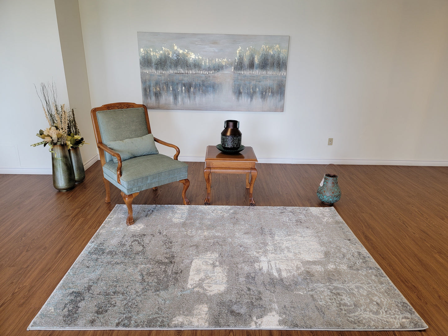 Despina Damask Area Rug. Ash Gray, Coral Blue, and White