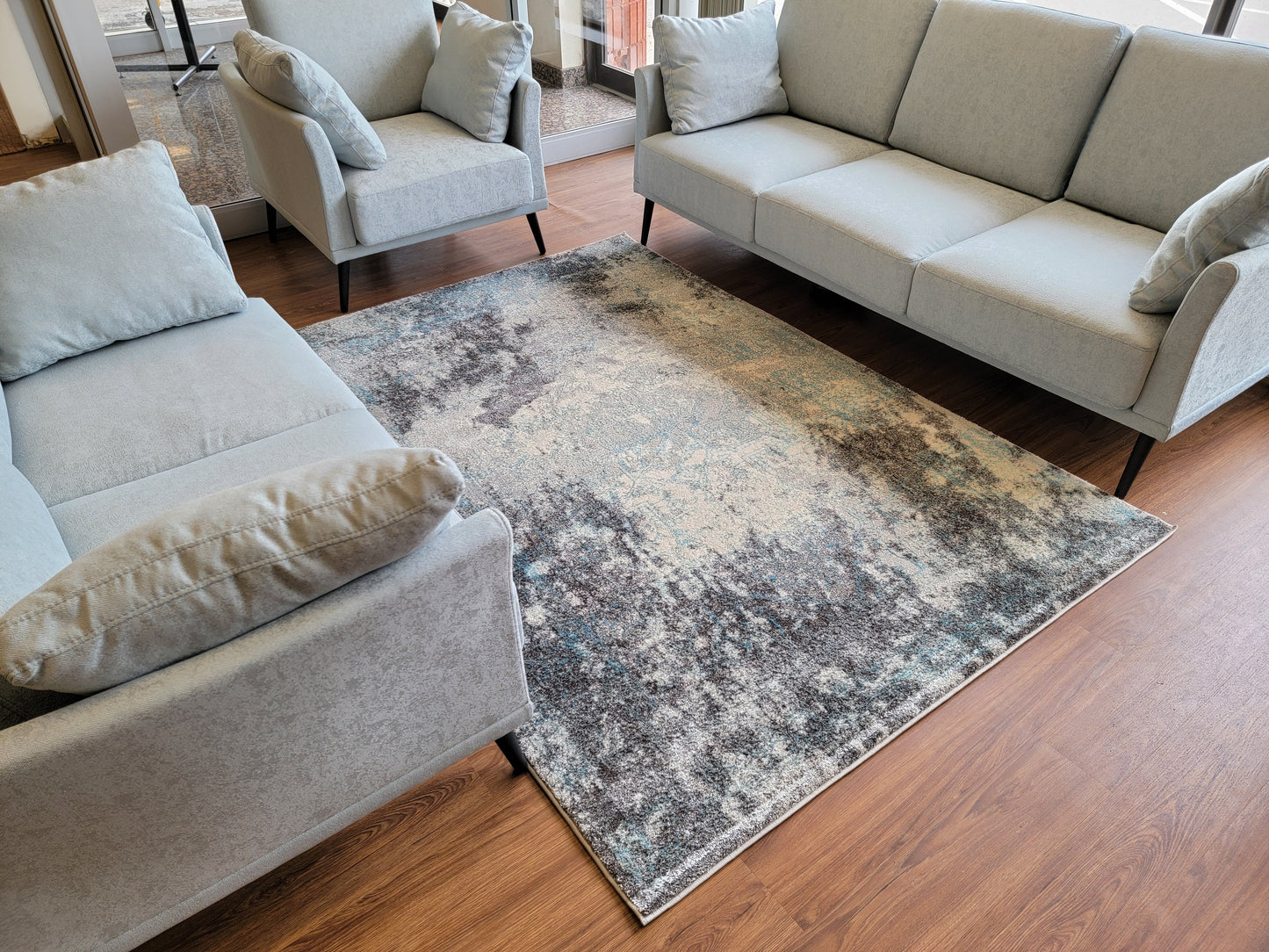 Despina Modern Traditional Area Rug. Light Blue, Platinum, and Metallic Gray