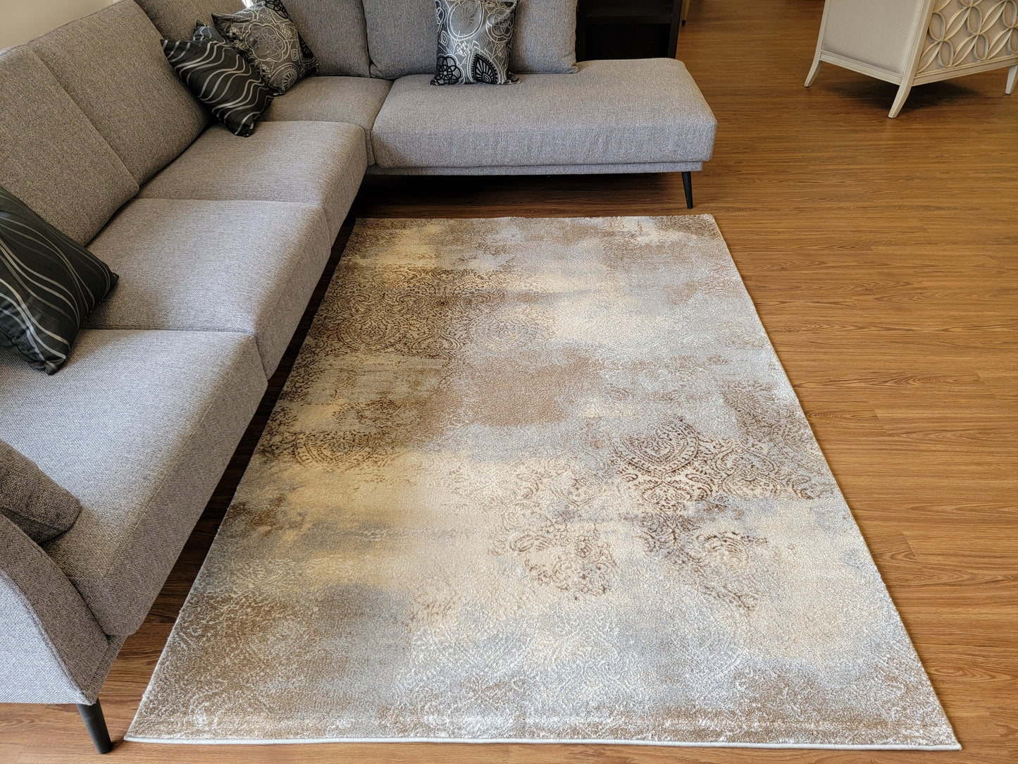 Despina Damask Area Rug. Platinum, Gray, and Tan Brown