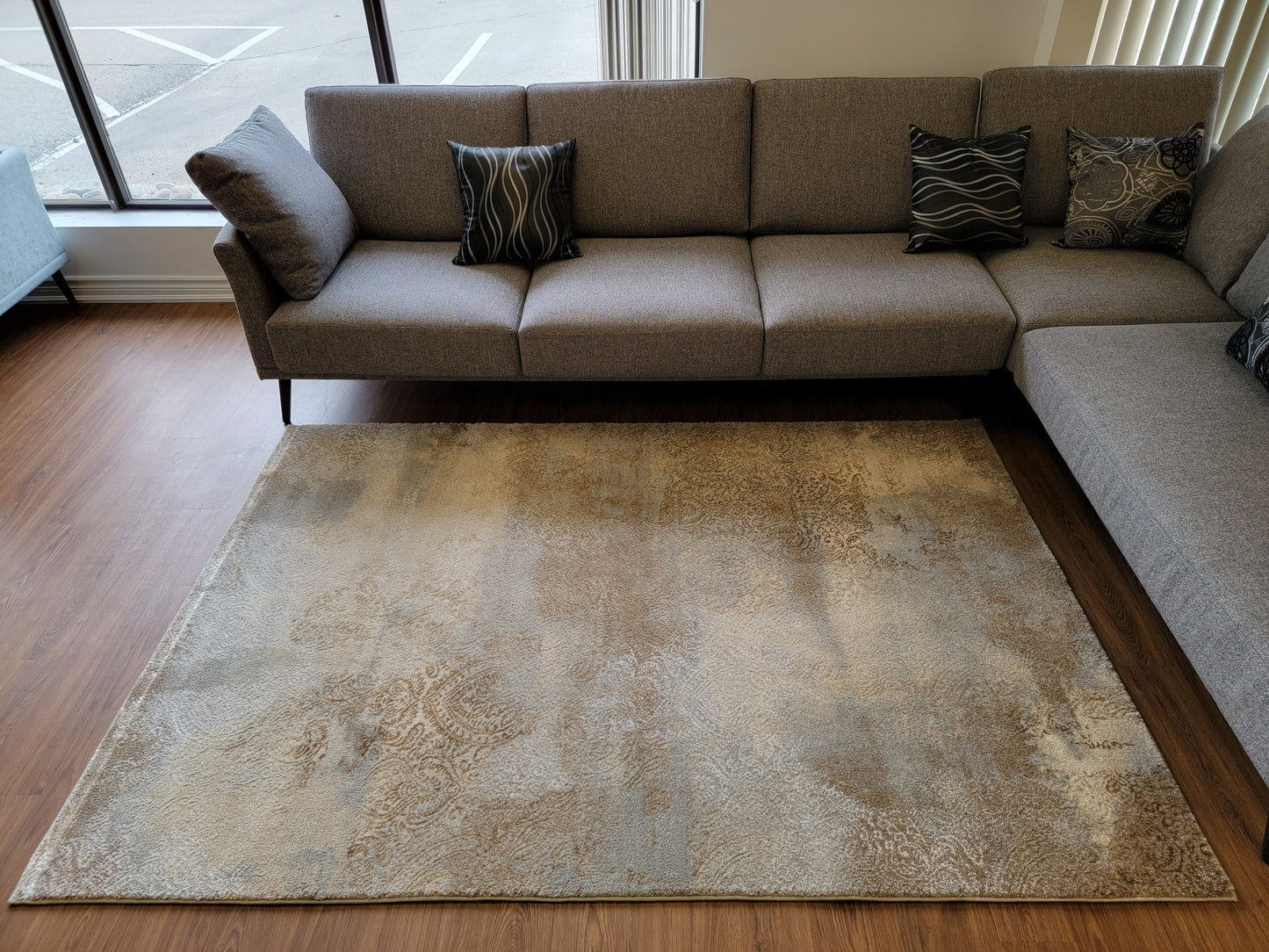 Despina Damask Area Rug. Platinum, Gray, and Tan Brown