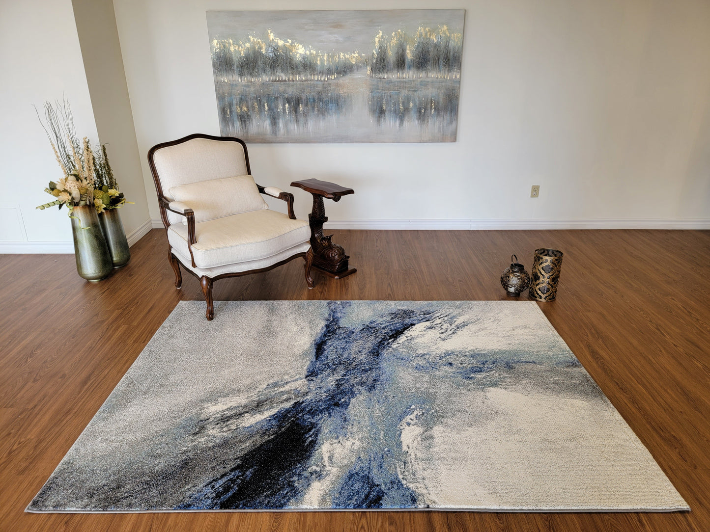 Diamond Art Abstract Area Rug. Ash Gray, Ocean Blue, and Black