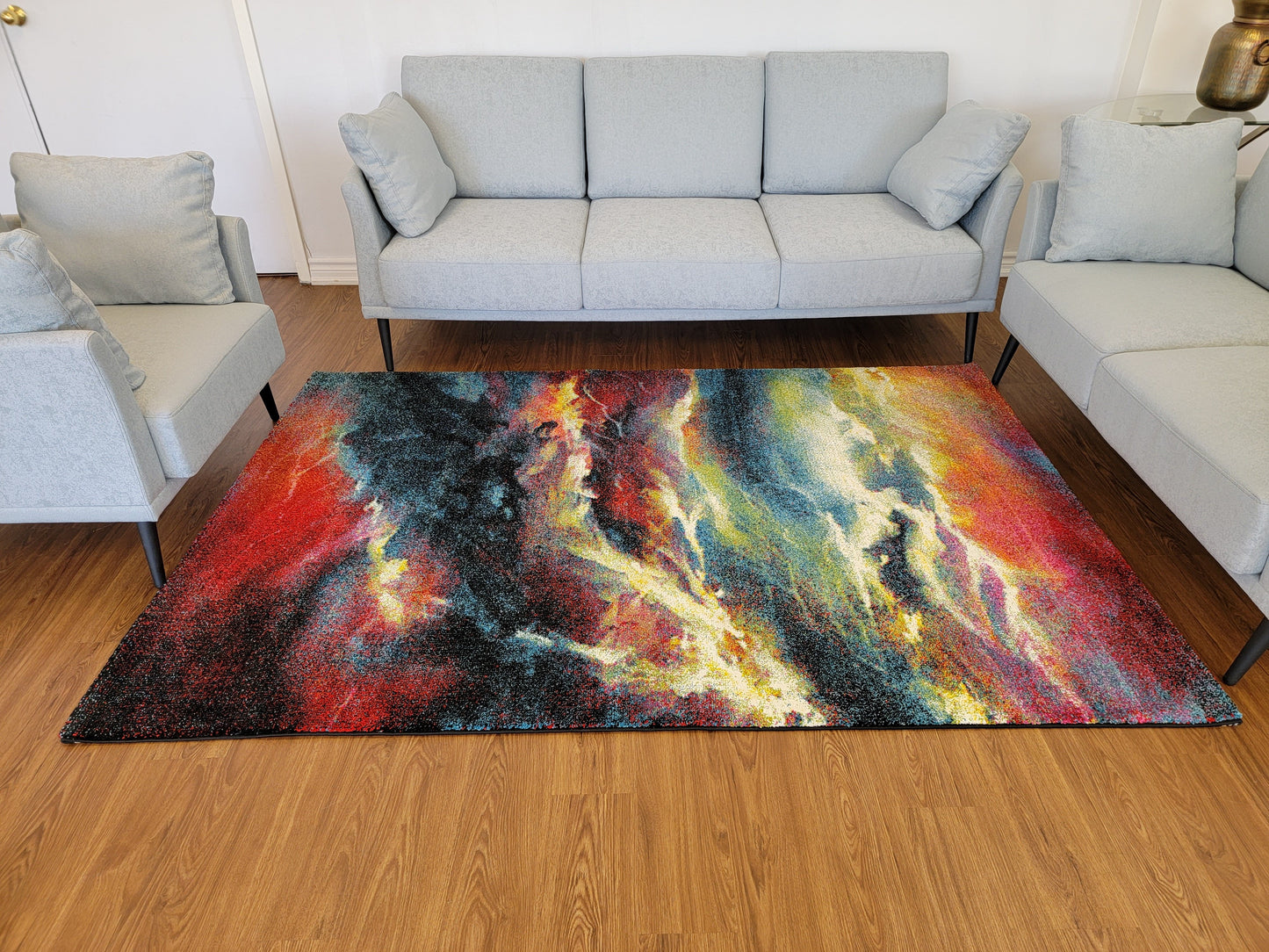 Diamond Art Abstract Area Rug. Multiple Colors of Red, Blue, and Black