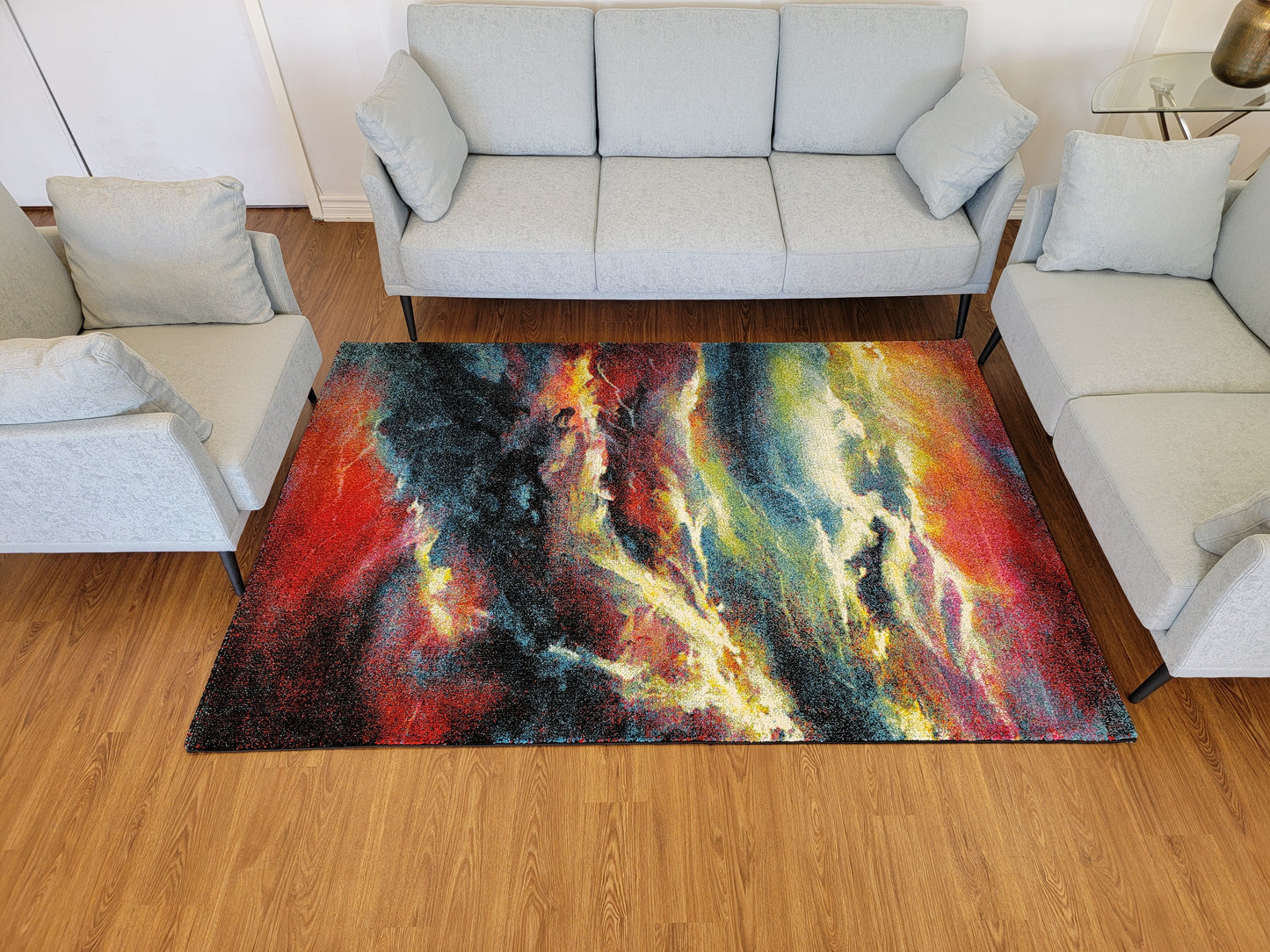 Diamond Art Abstract Area Rug. Multiple Colors of Red, Blue, and Black