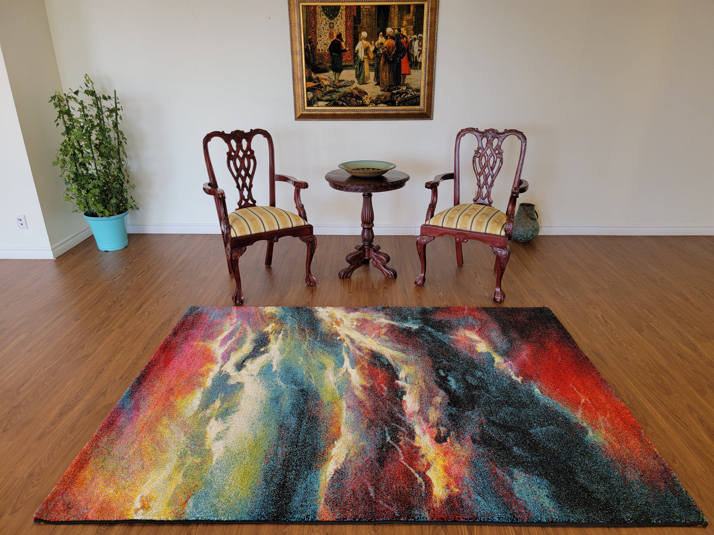 Diamond Art Abstract Area Rug. Multiple Colors of Red, Blue, and Black