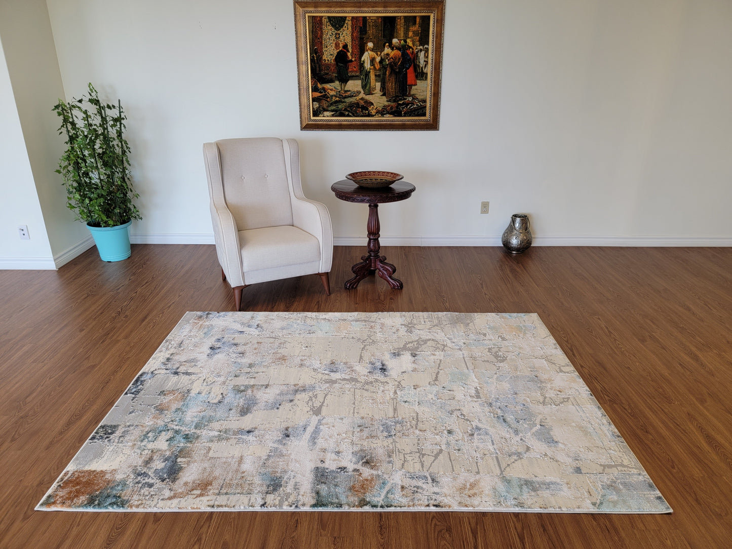 Emojy Abstract Area Rug. Cream, Light Gray, and Light Blue