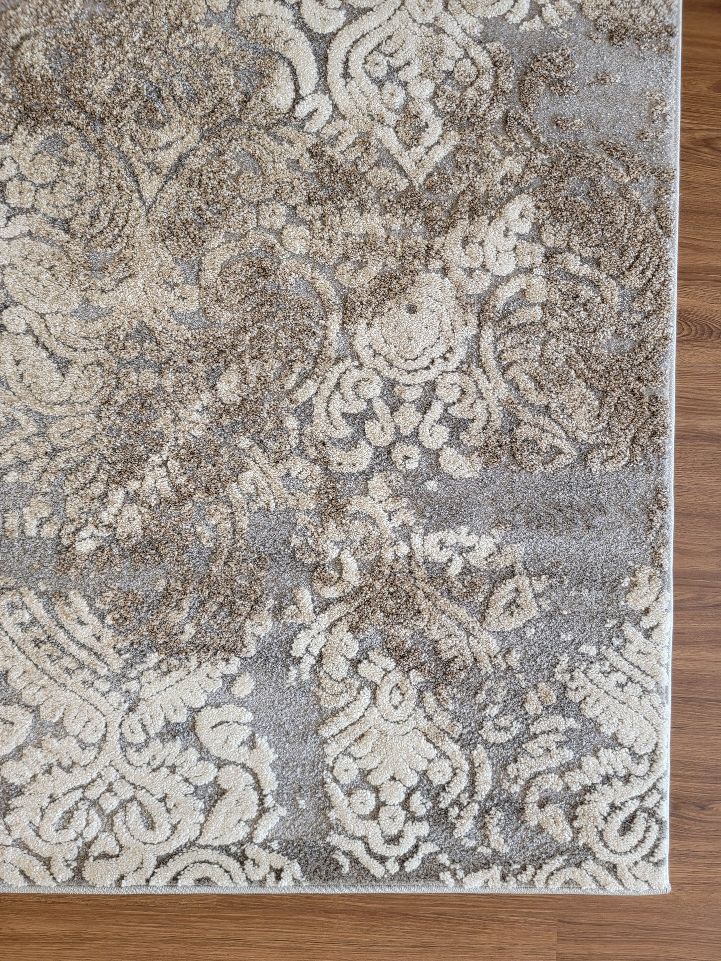 Ibiza Damask Area Rug. Tan Brown, Gray, and Ivory
