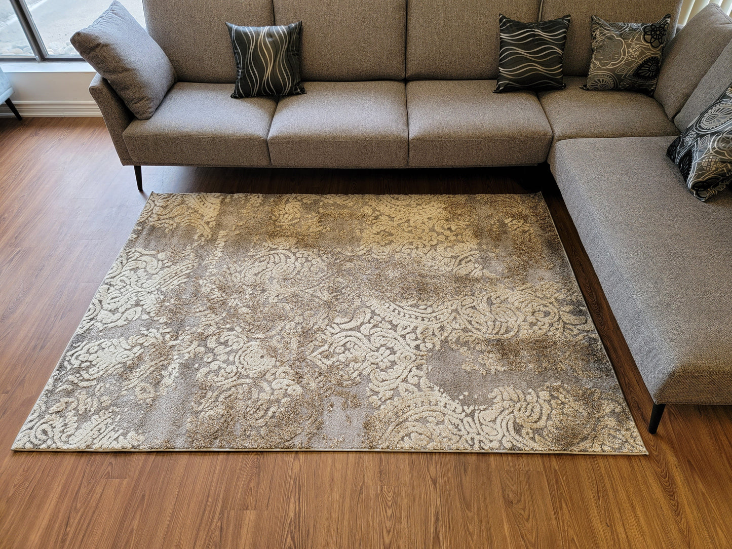 Ibiza Damask Area Rug. Tan Brown, Gray, and Ivory