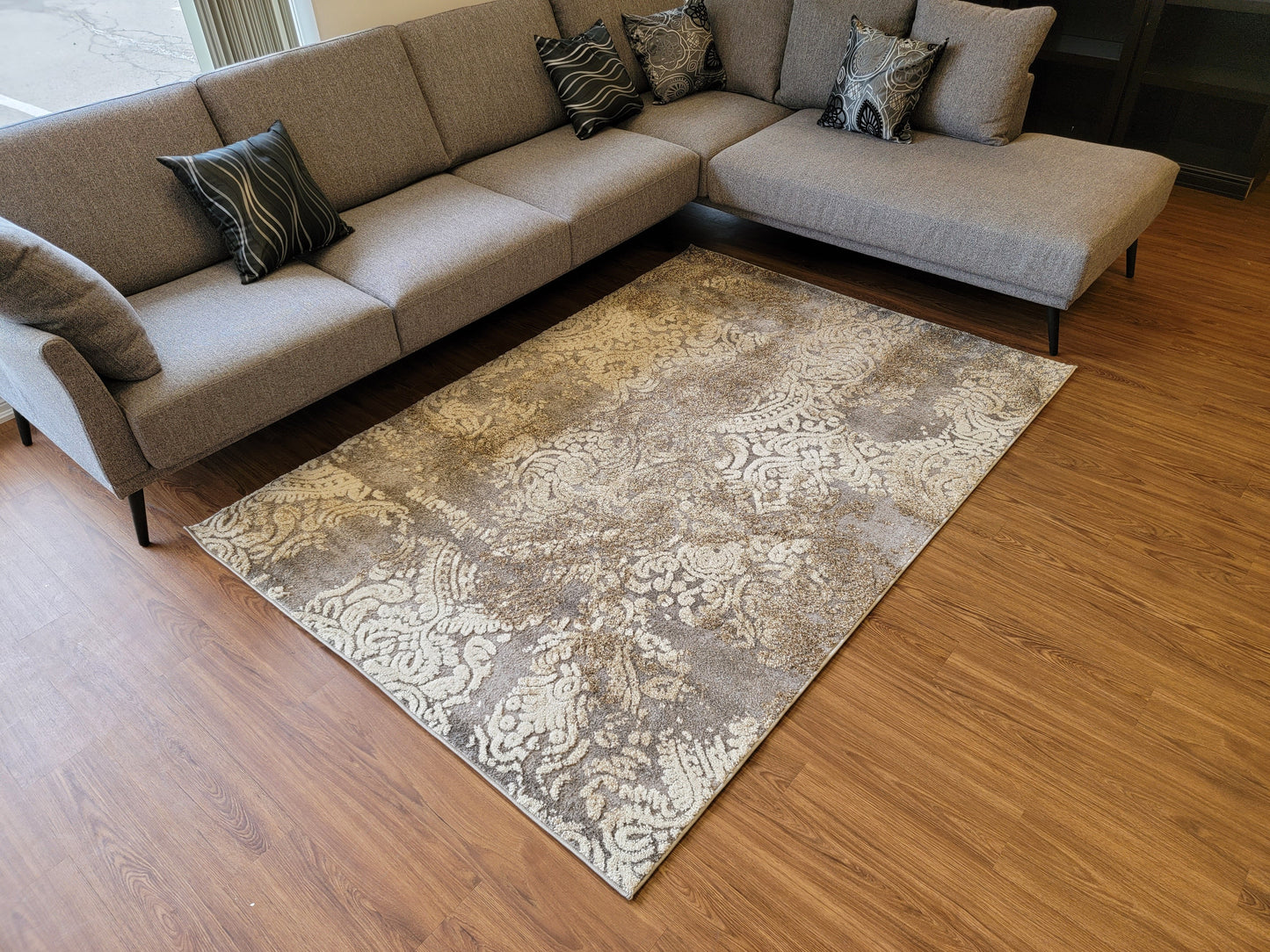 Ibiza Damask Area Rug. Tan Brown, Gray, and Ivory