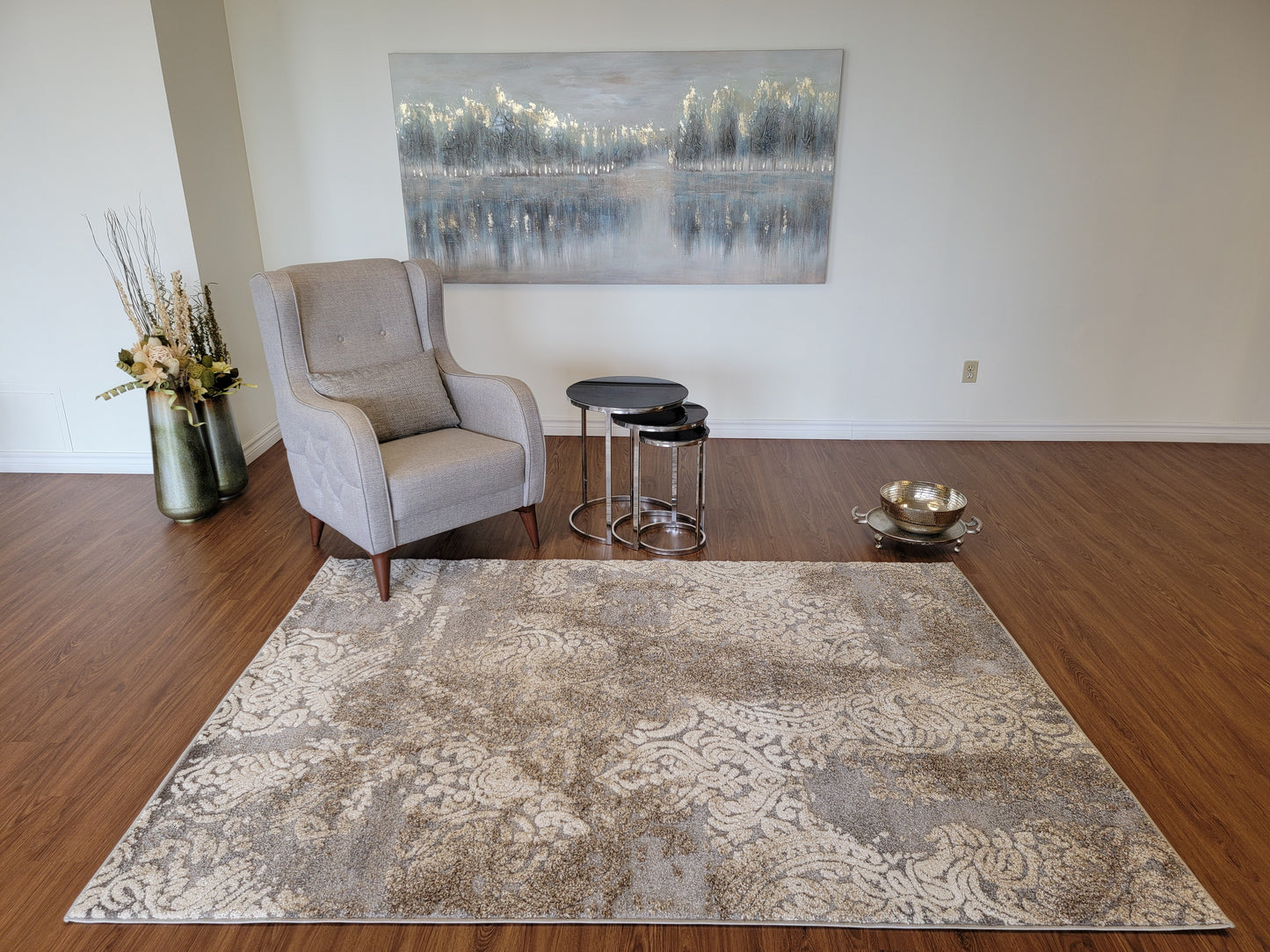Ibiza Damask Area Rug. Tan Brown, Gray, and Ivory