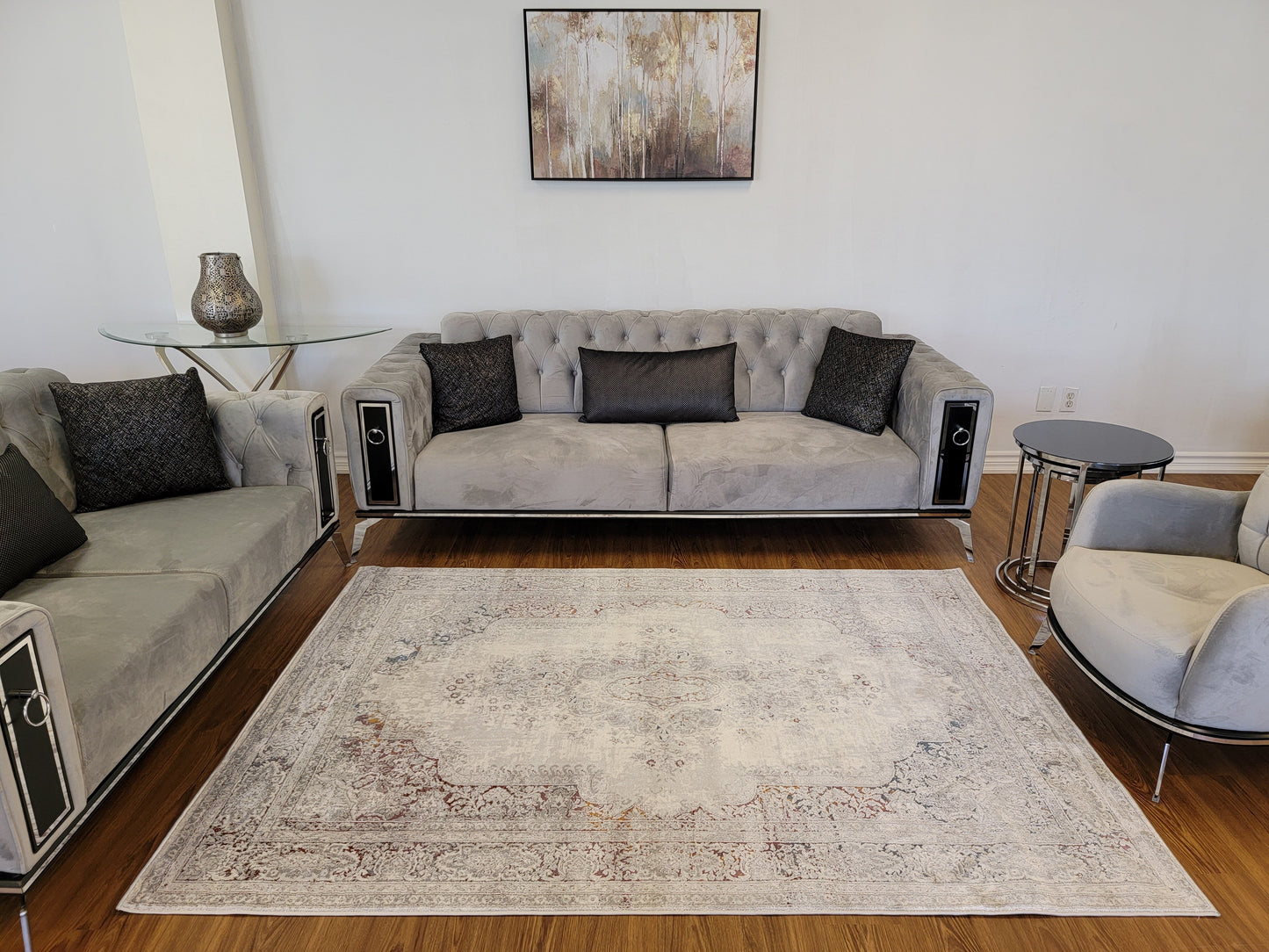 LaDome Modern Traditional Area Rugs. White, Ash Gray with Gold Touches
