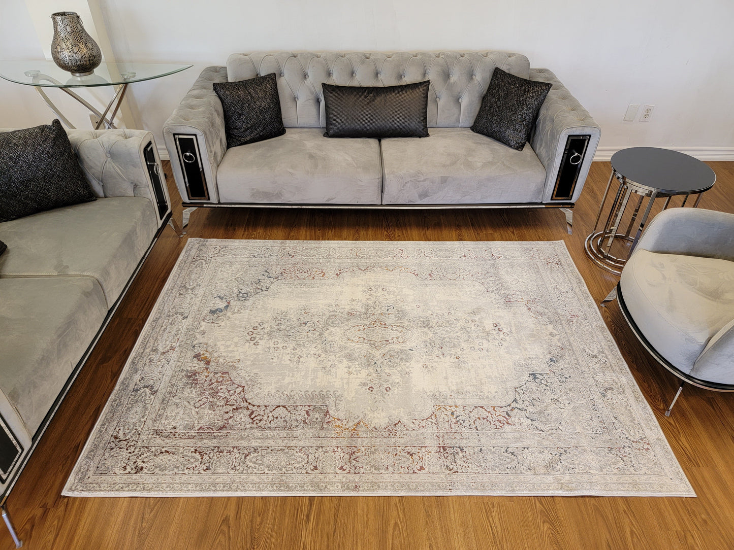 LaDome Modern Traditional Area Rugs. White, Ash Gray with Gold Touches