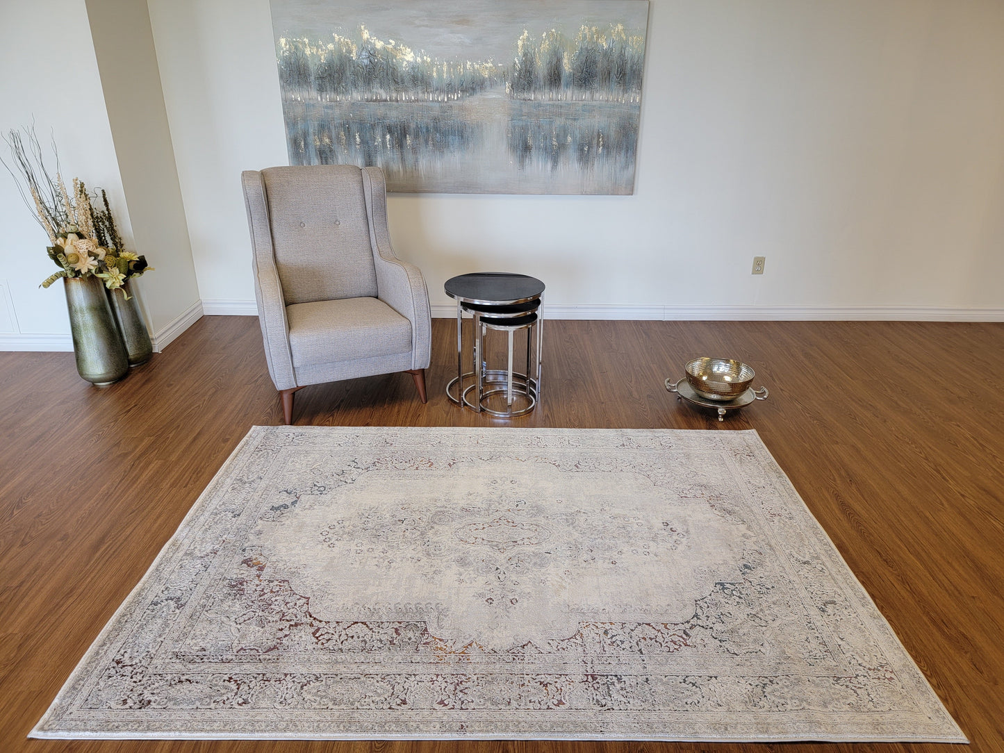 LaDome Modern Traditional Area Rugs. White, Ash Gray with Gold Touches