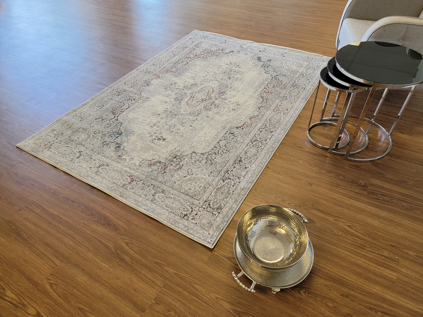LaDome Modern Traditional Area Rugs. White, Ash Gray with Gold Touches