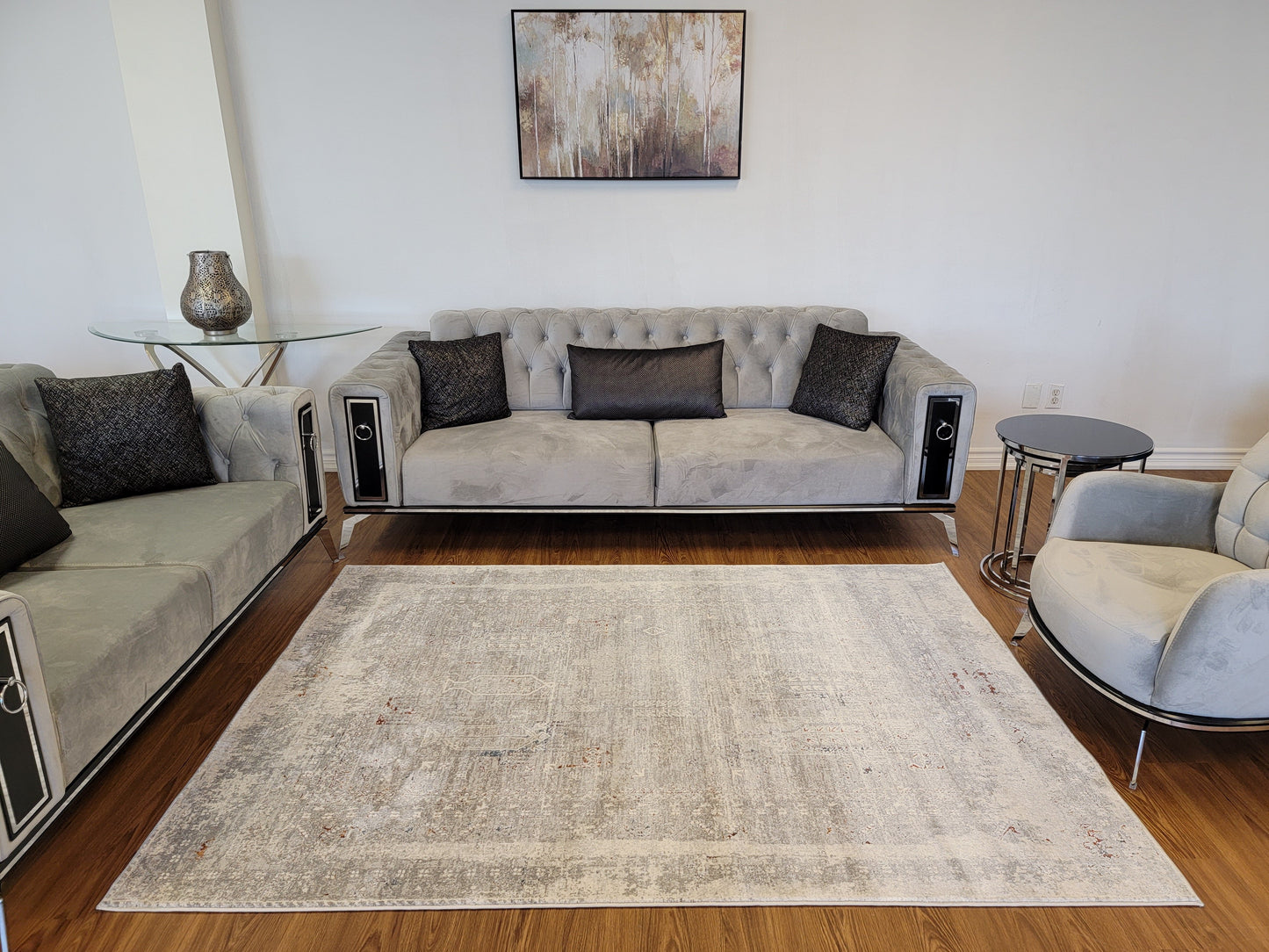 LaDome Modern Traditional Area Rug. White, Platinum, and Light Blue