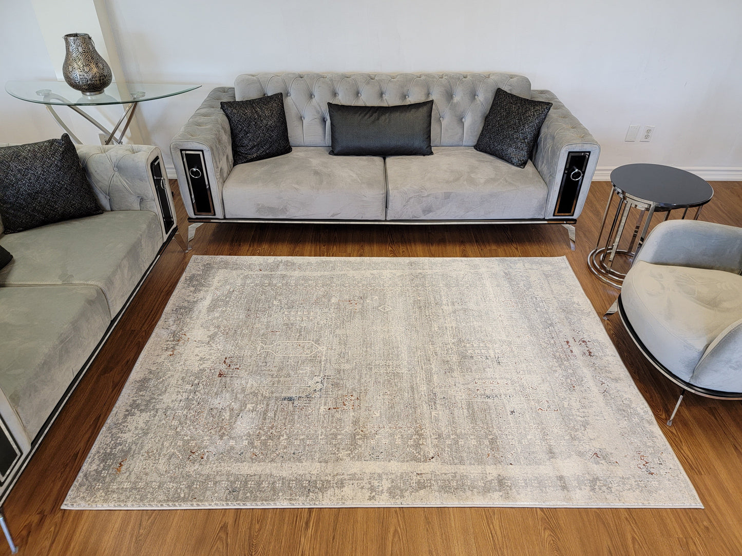LaDome Modern Traditional Area Rug. White, Platinum, and Light Blue