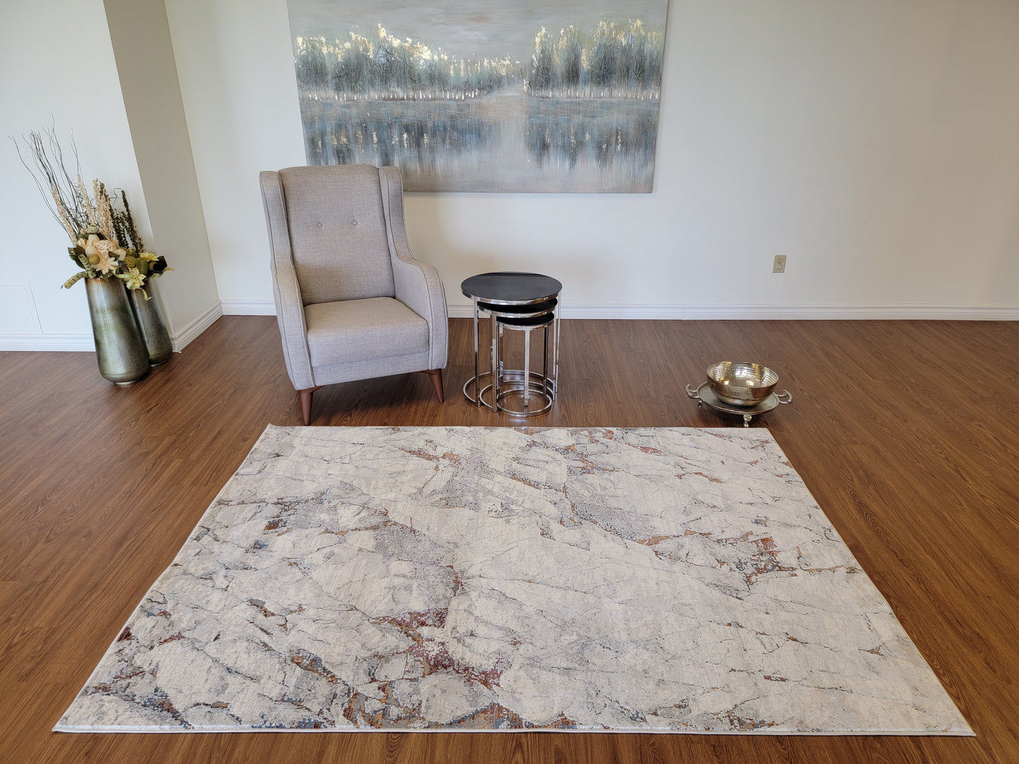 LaDome Abstract Area Rug. Platinum, Slate Gray, and Copper