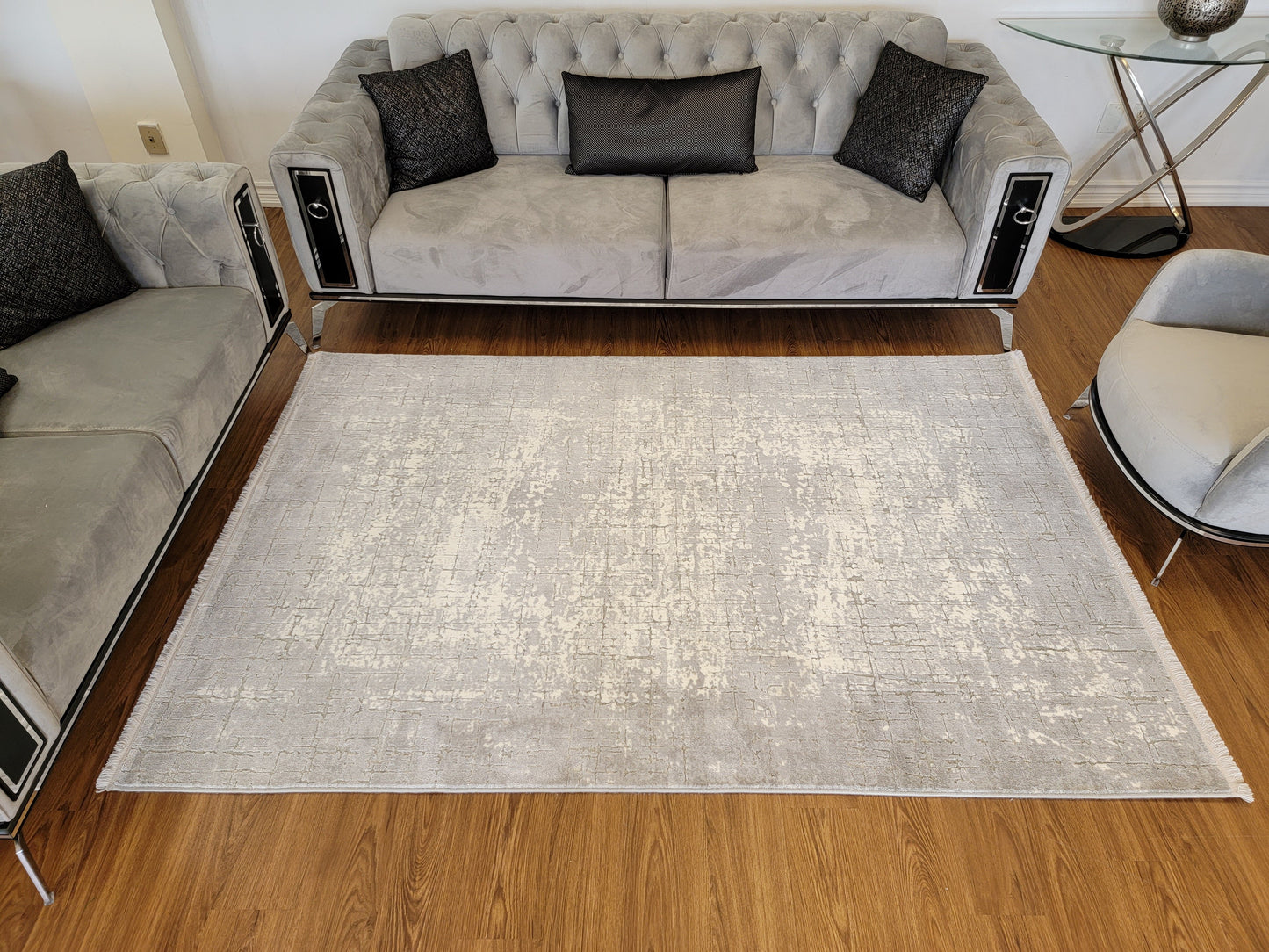 Maxim Abstract Area Rug. White, Platinum, and Ash Gray