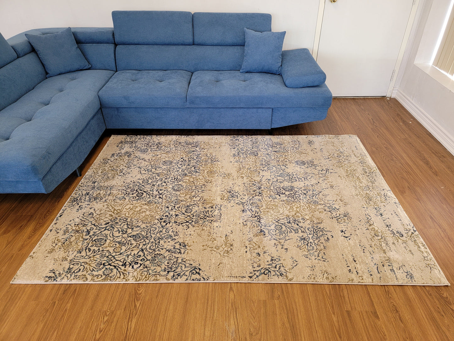 Olimpos Damask Area Rug. Beige, Navy, and Olive Green